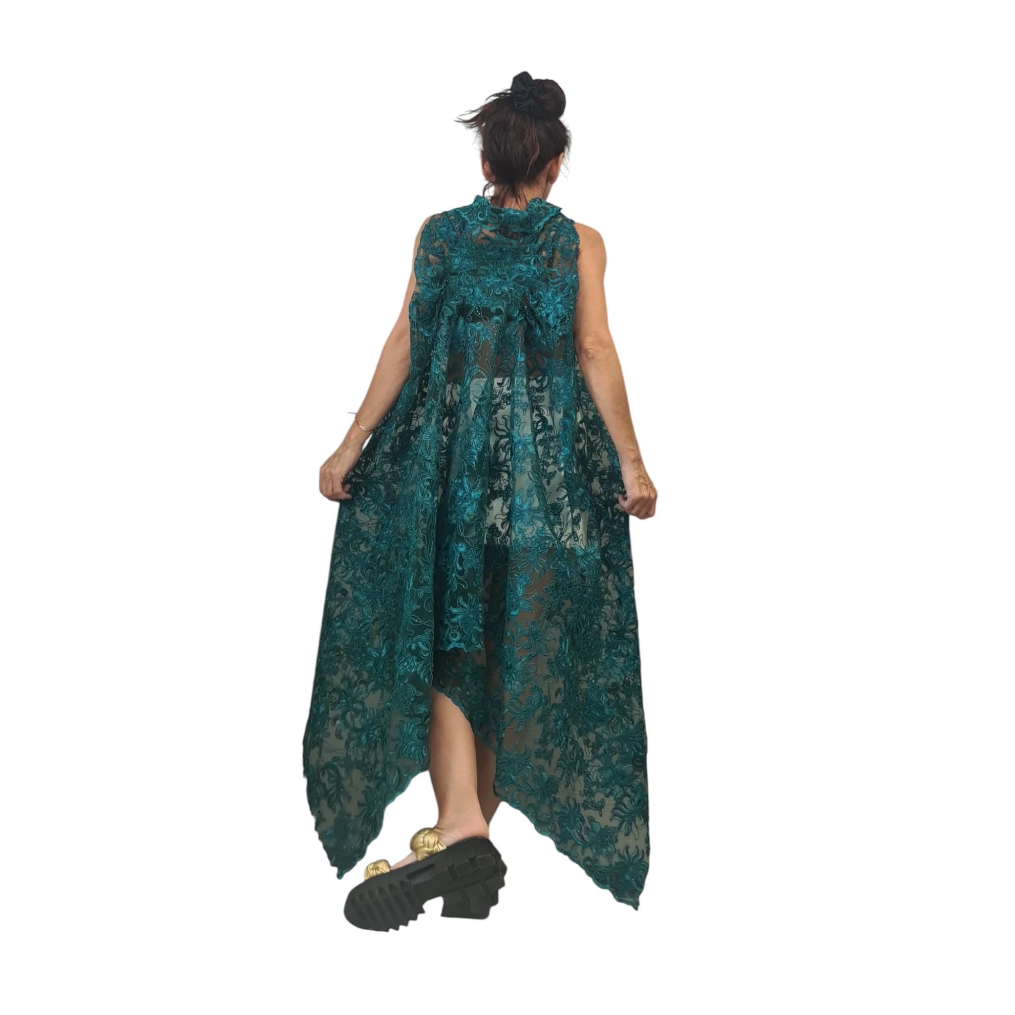 Emerald Green Lace Tunic – Asymmetrical Sheer Top, High Low Cape Blouse, Avant-Garde Party Wear