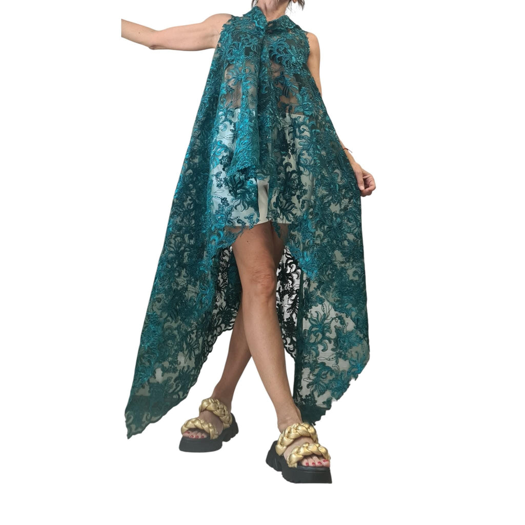 Emerald Green Lace Tunic – Asymmetrical Sheer Top, High Low Cape Blouse, Avant-Garde Party Wear
