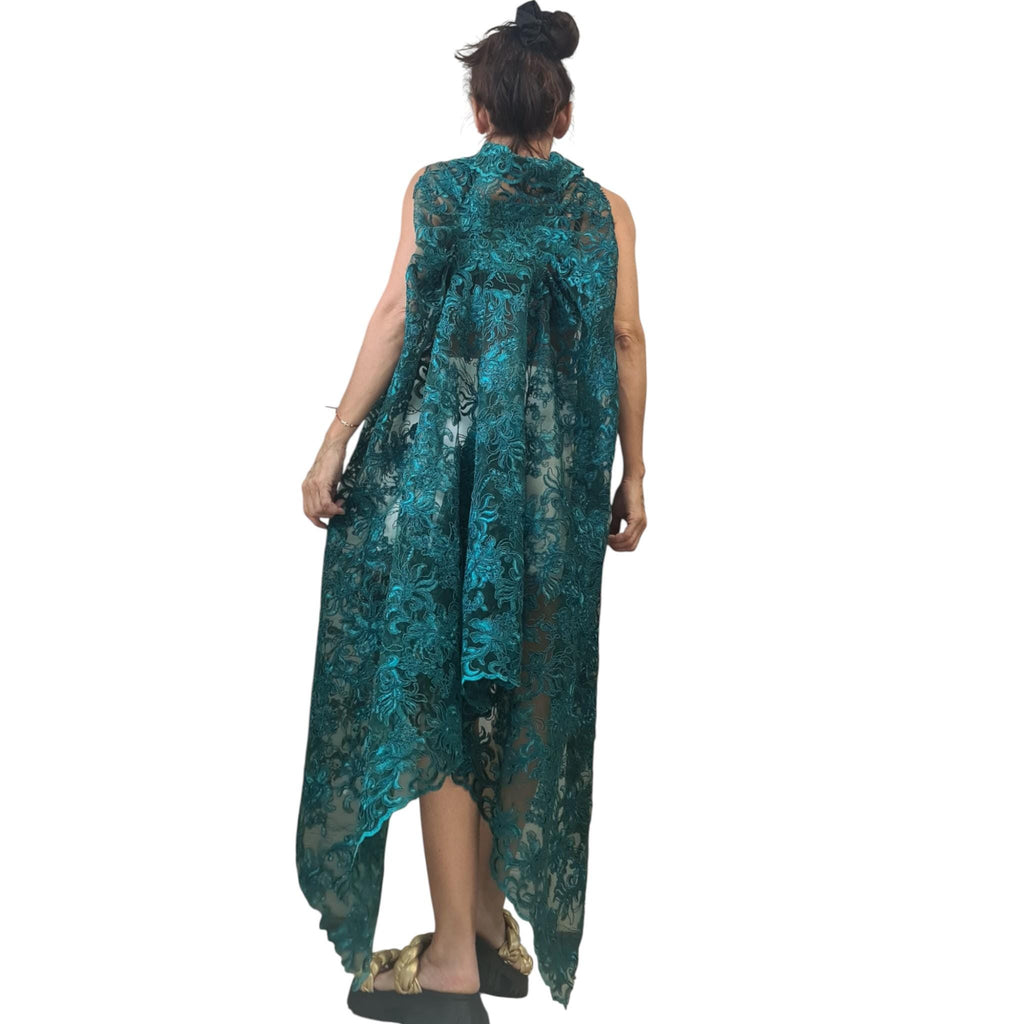 Emerald Green Lace Tunic – Asymmetrical Sheer Top, High Low Cape Blouse, Avant-Garde Party Wear