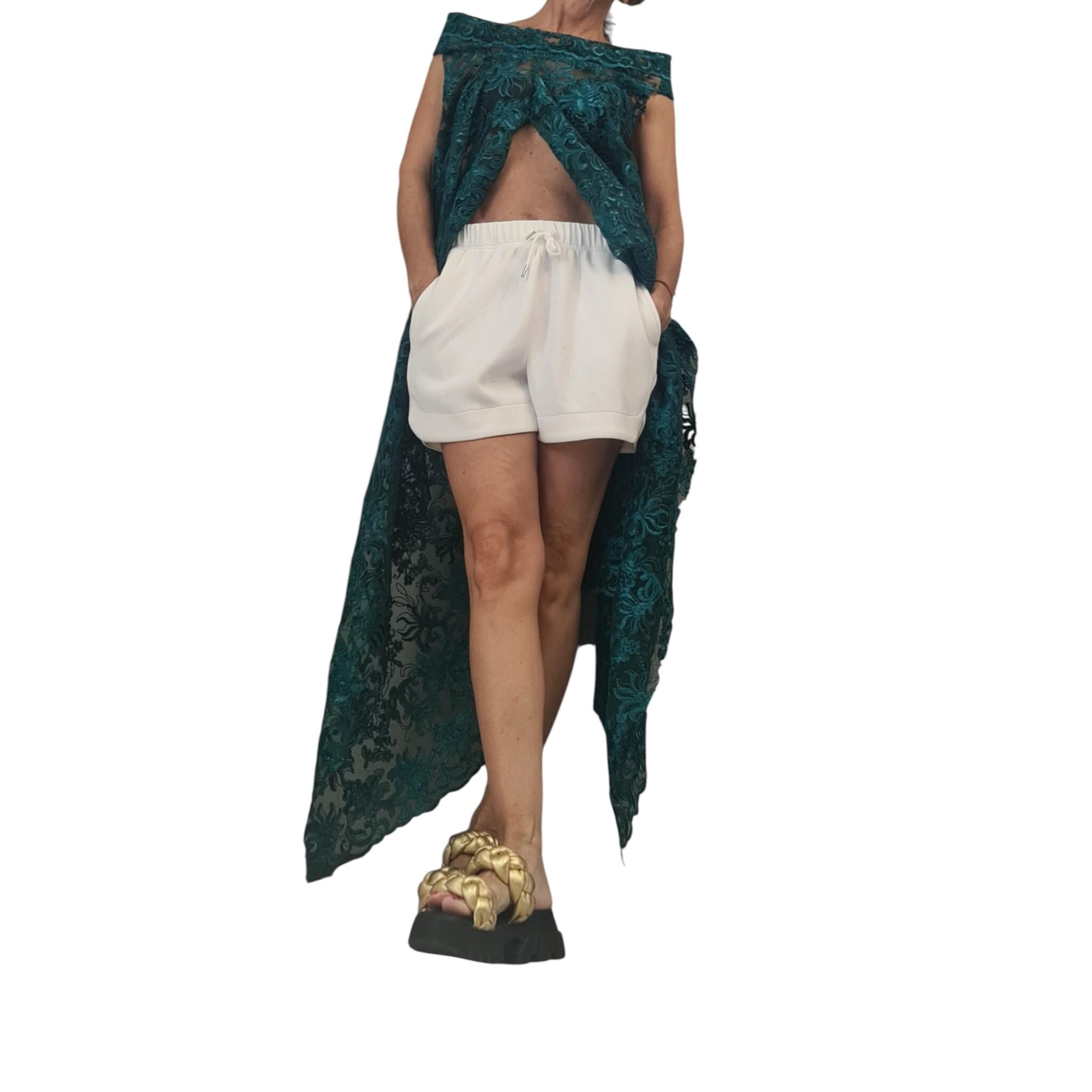 Emerald Green Lace Tunic – Asymmetrical Sheer Top, High Low Cape Blouse, Avant-Garde Party Wear