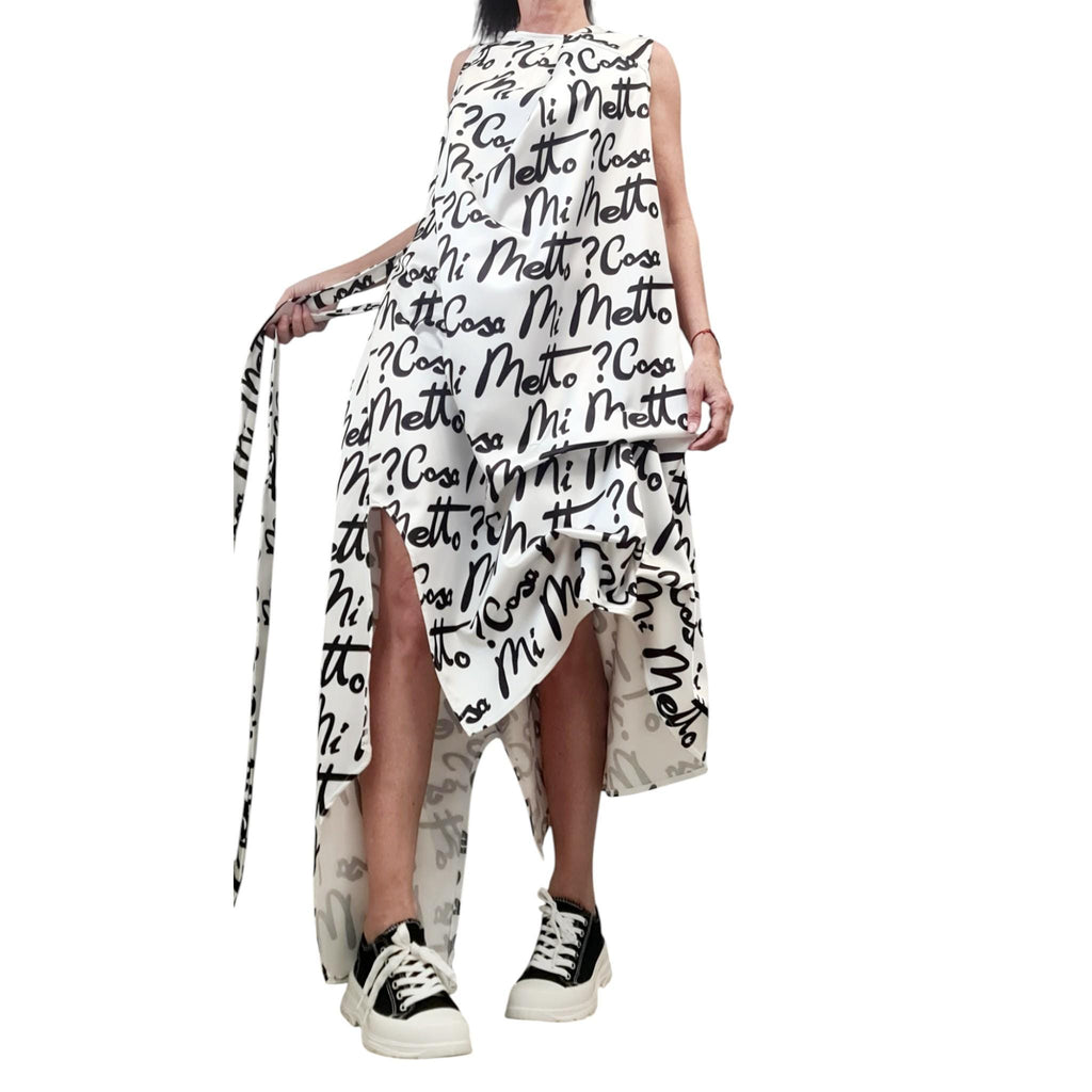 White Satin Asymmetrical Dress with Belt – Avant-Garde Sleeveless Party Dress with Black Script Print – Cocktail Romantic Fashion Statement