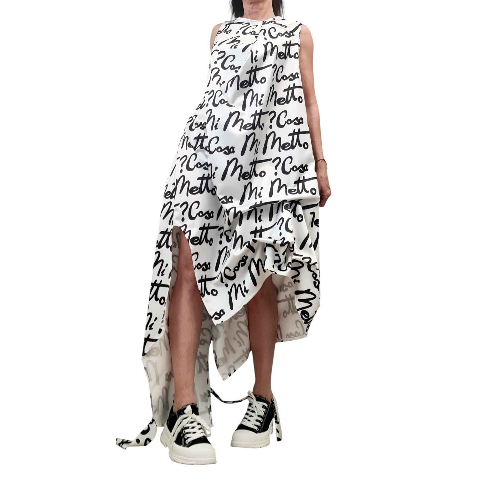 White Satin Asymmetrical Dress with Belt – Avant-Garde Sleeveless Party Dress with Black Script Print – Cocktail Romantic Fashion Statement
