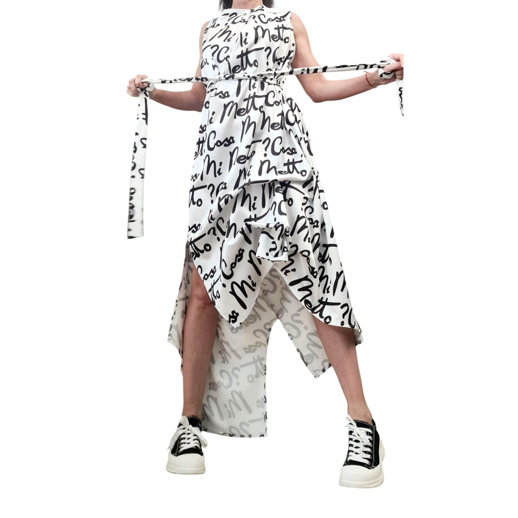 White Satin Asymmetrical Dress with Belt – Avant-Garde Sleeveless Party Dress with Black Script Print – Cocktail Romantic Fashion Statement