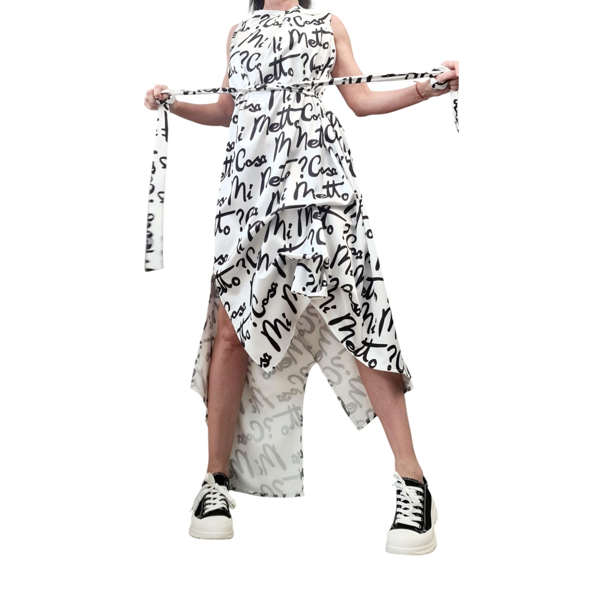 White Satin Asymmetrical Dress with Belt – Avant-Garde Sleeveless Party Dress with Black Script Print – Cocktail Romantic Fashion Statement