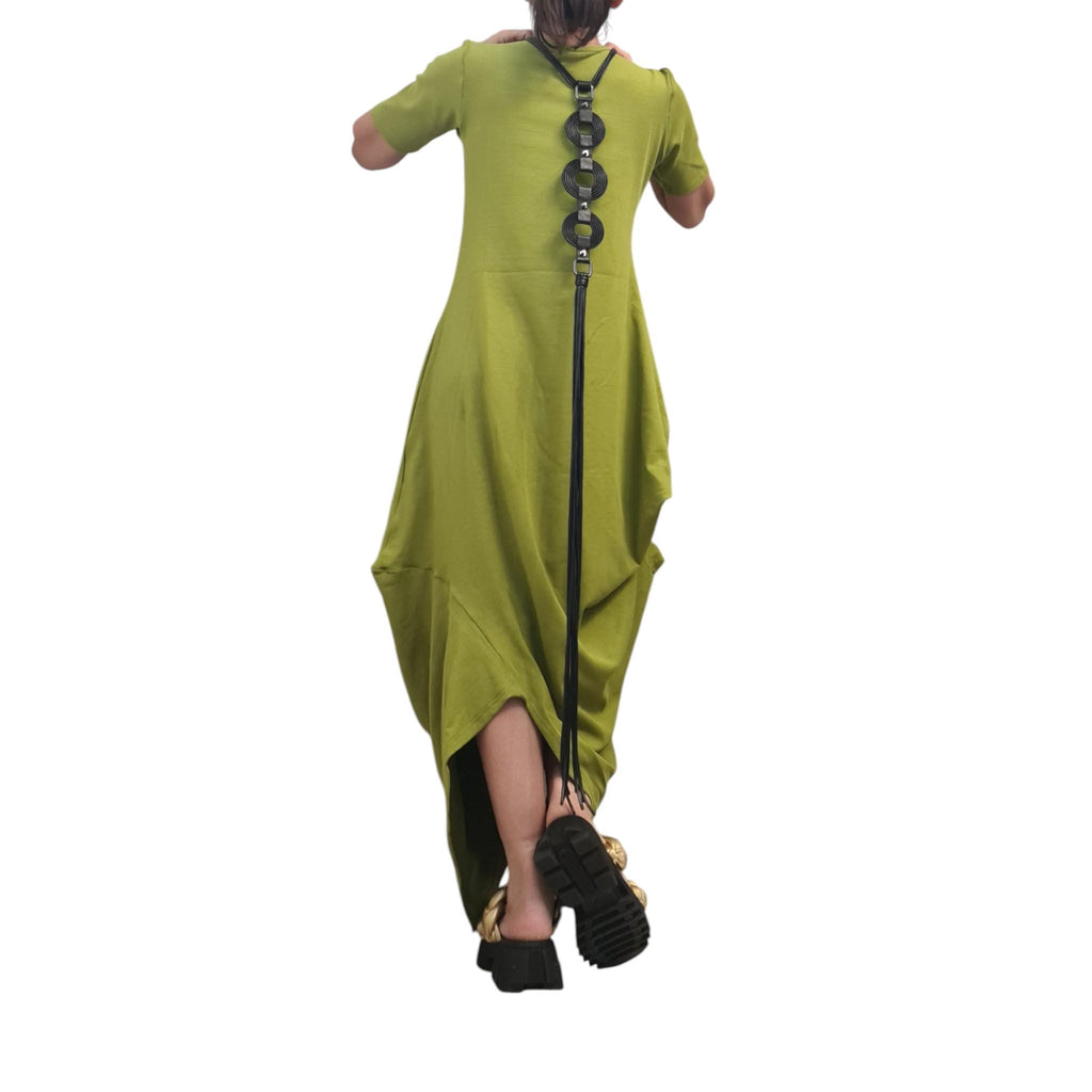 Pistachio Green Cotton Maxi Dress, Asymmetrical Drape Tunic, Minimalist Summer Kaftan, Avant-Garde Boho Dress, Short Sleeve Oversized Dress