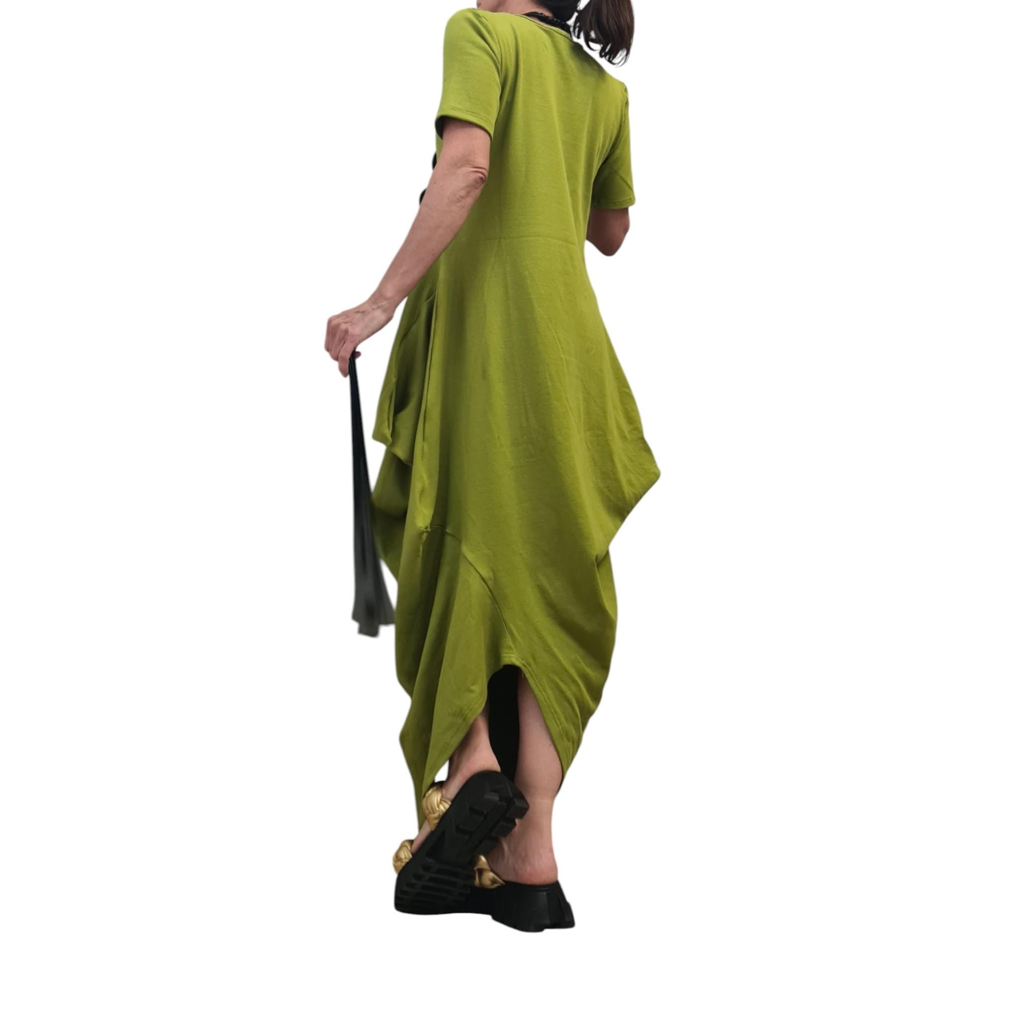 Pistachio Green Cotton Maxi Dress, Asymmetrical Drape Tunic, Minimalist Summer Kaftan, Avant-Garde Boho Dress, Short Sleeve Oversized Dress