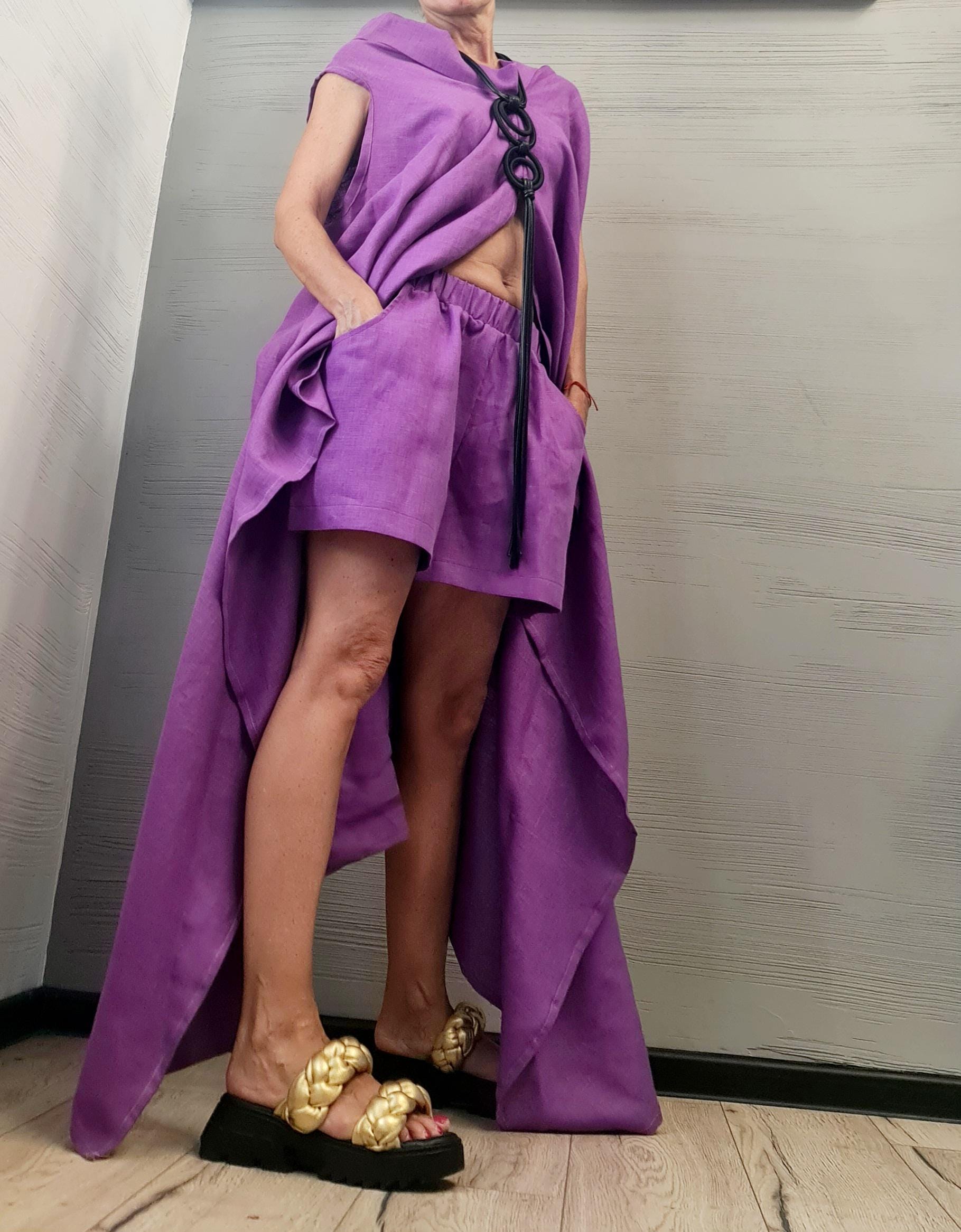 Asymmetrical Linen Tunic and Shorts Set – Avant-Garde Purple Summer Outfit – Sleeveless Two-Piece Linen Clothing for Women