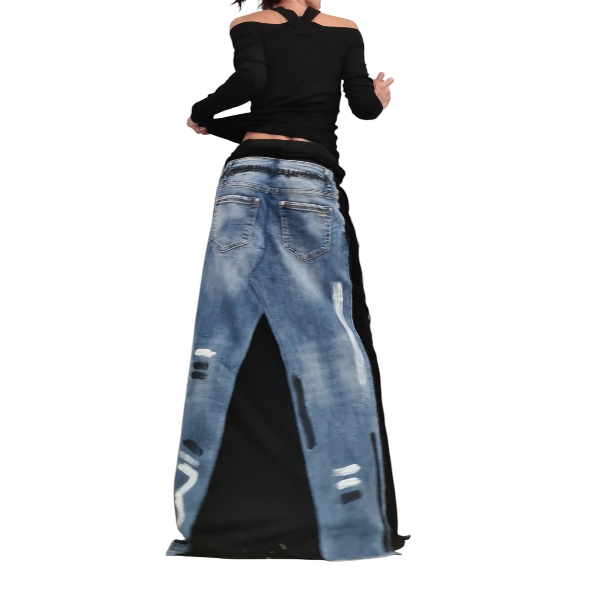 Deconstructed Avant-Garde Maxi Skirt, Cotton Denim Skirt with Pockets, Artistic Long A-Line Skirt, Outside Seam