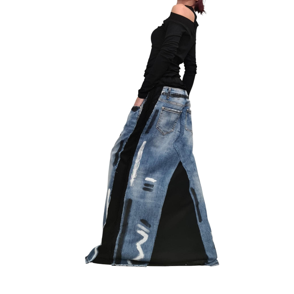 Deconstructed Avant-Garde Maxi Skirt, Cotton Denim Skirt with Pockets, Artistic Long A-Line Skirt, Outside Seam