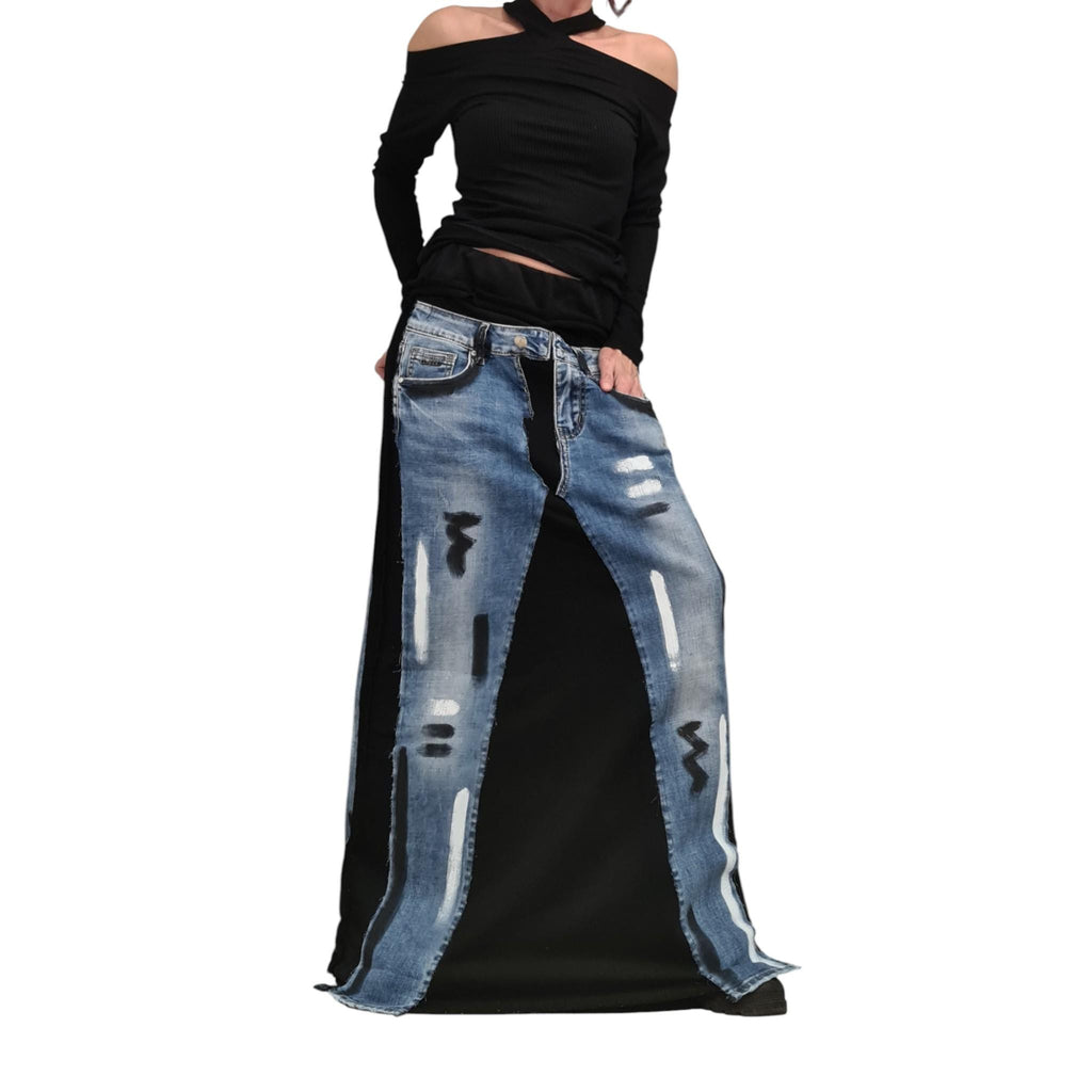 Deconstructed Avant-Garde Maxi Skirt, Cotton Denim Skirt with Pockets, Artistic Long A-Line Skirt, Outside Seam