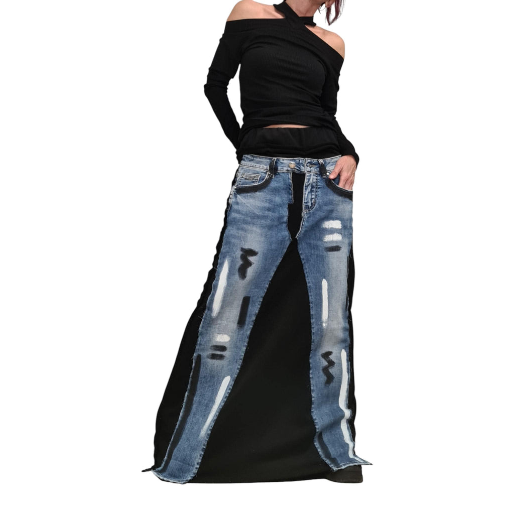 Deconstructed Avant-Garde Maxi Skirt, Cotton Denim Skirt with Pockets, Artistic Long A-Line Skirt, Outside Seam