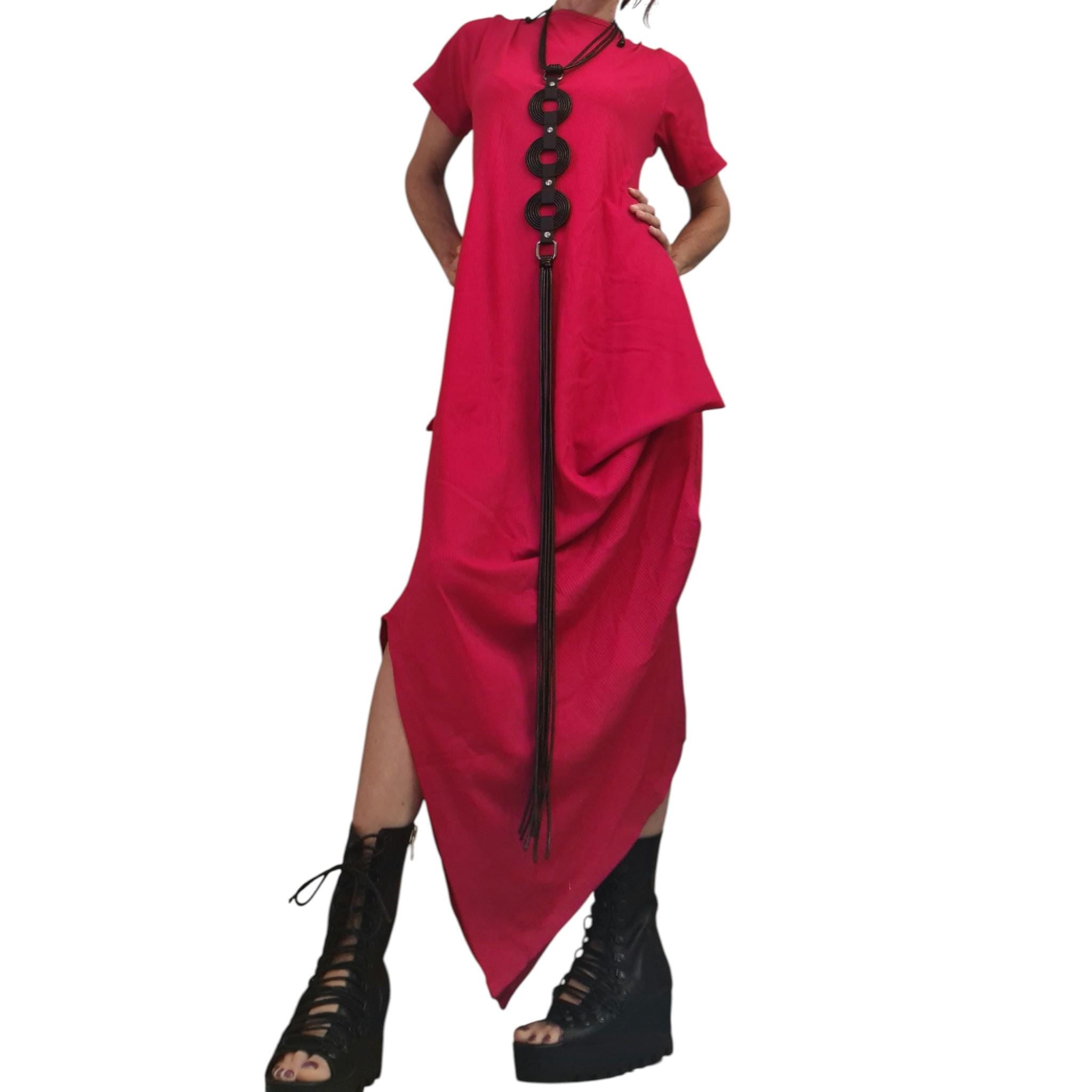 Asymmetric Red Cotton Maxi Dress – Avant-Garde Loose Fit – Artistic Summer Dress with Short Sleeves – Handmade Plus Size Clothing