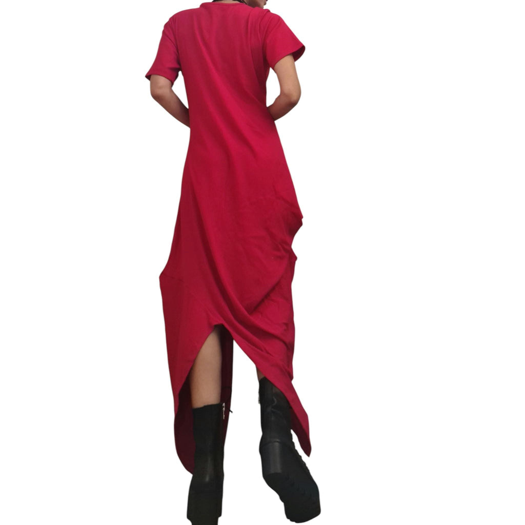 Asymmetric Red Cotton Maxi Dress – Avant-Garde Loose Fit – Artistic Summer Dress with Short Sleeves – Handmade Plus Size Clothing