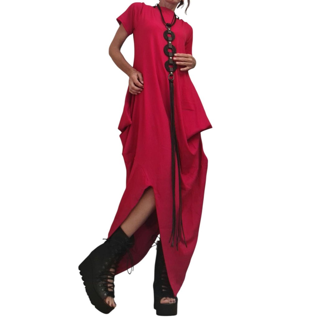 Asymmetric Red Cotton Maxi Dress – Avant-Garde Loose Fit – Artistic Summer Dress with Short Sleeves – Handmade Plus Size Clothing