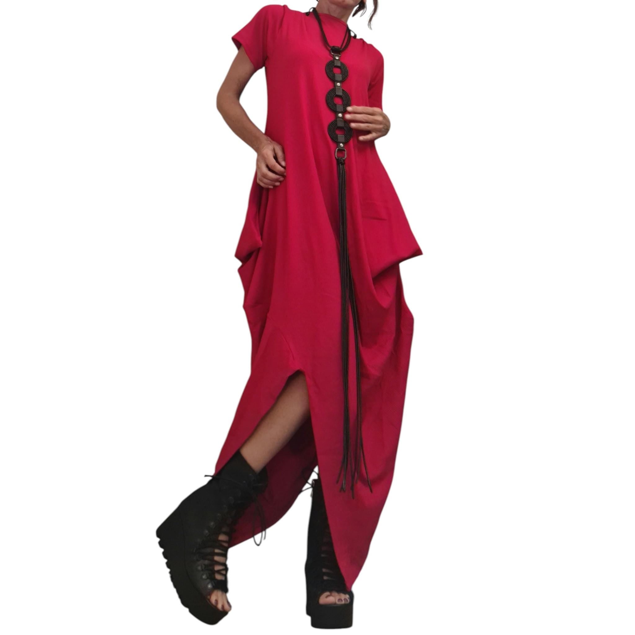 Asymmetric Red Cotton Maxi Dress – Avant-Garde Loose Fit – Artistic Summer Dress with Short Sleeves – Handmade Plus Size Clothing