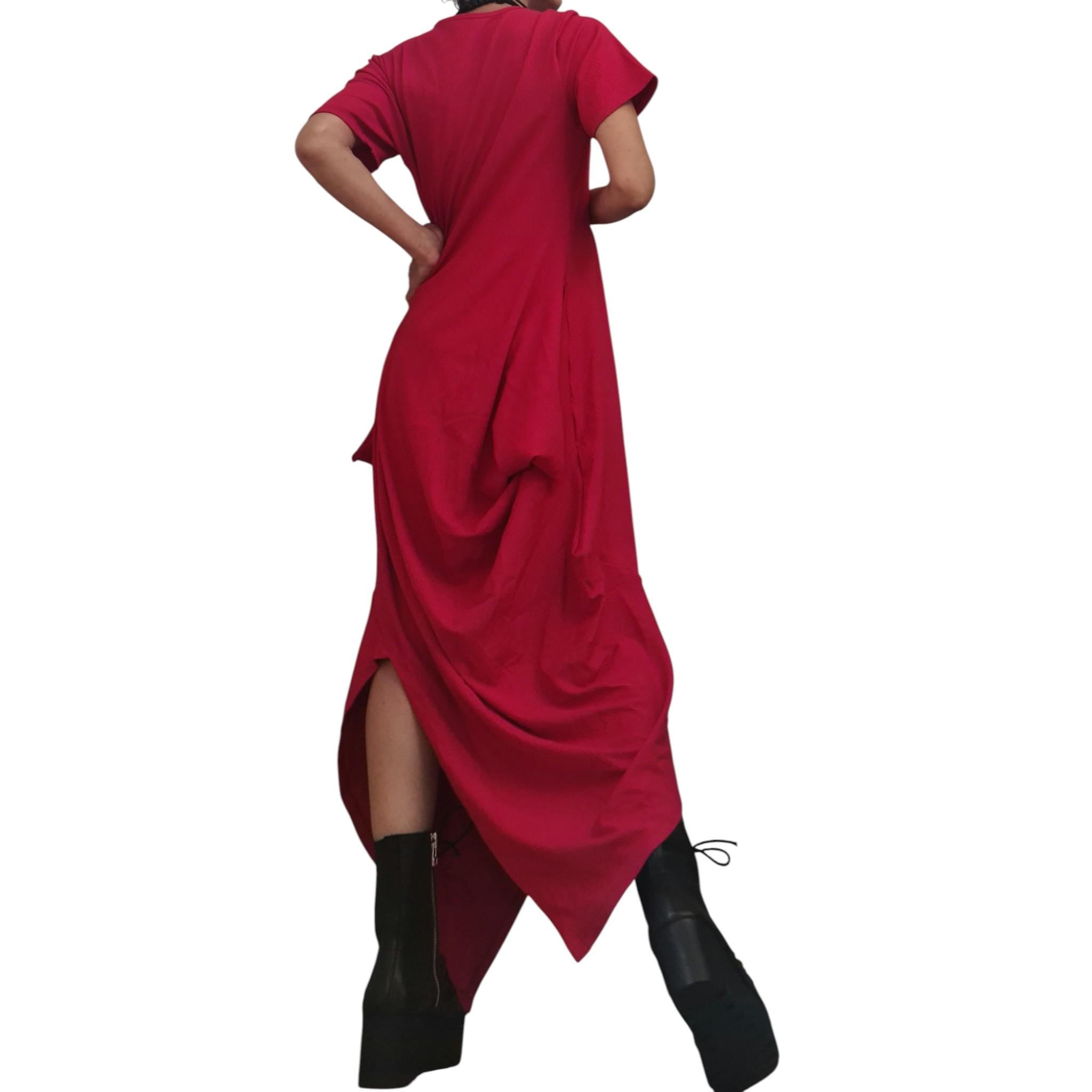 Asymmetric Red Cotton Maxi Dress – Avant-Garde Loose Fit – Artistic Summer Dress with Short Sleeves – Handmade Plus Size Clothing