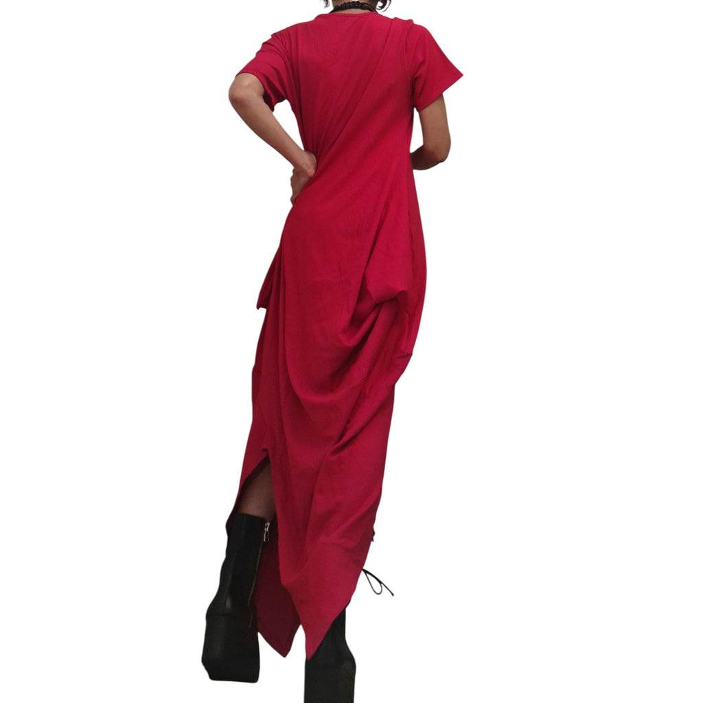 Asymmetric Red Cotton Maxi Dress – Avant-Garde Loose Fit – Artistic Summer Dress with Short Sleeves – Handmade Plus Size Clothing