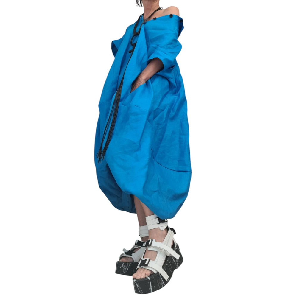 Avant Garde Linen Shirt – Turquoise Oversized Artwear Blouse with Balloon Shape and Asymmetrical Cut