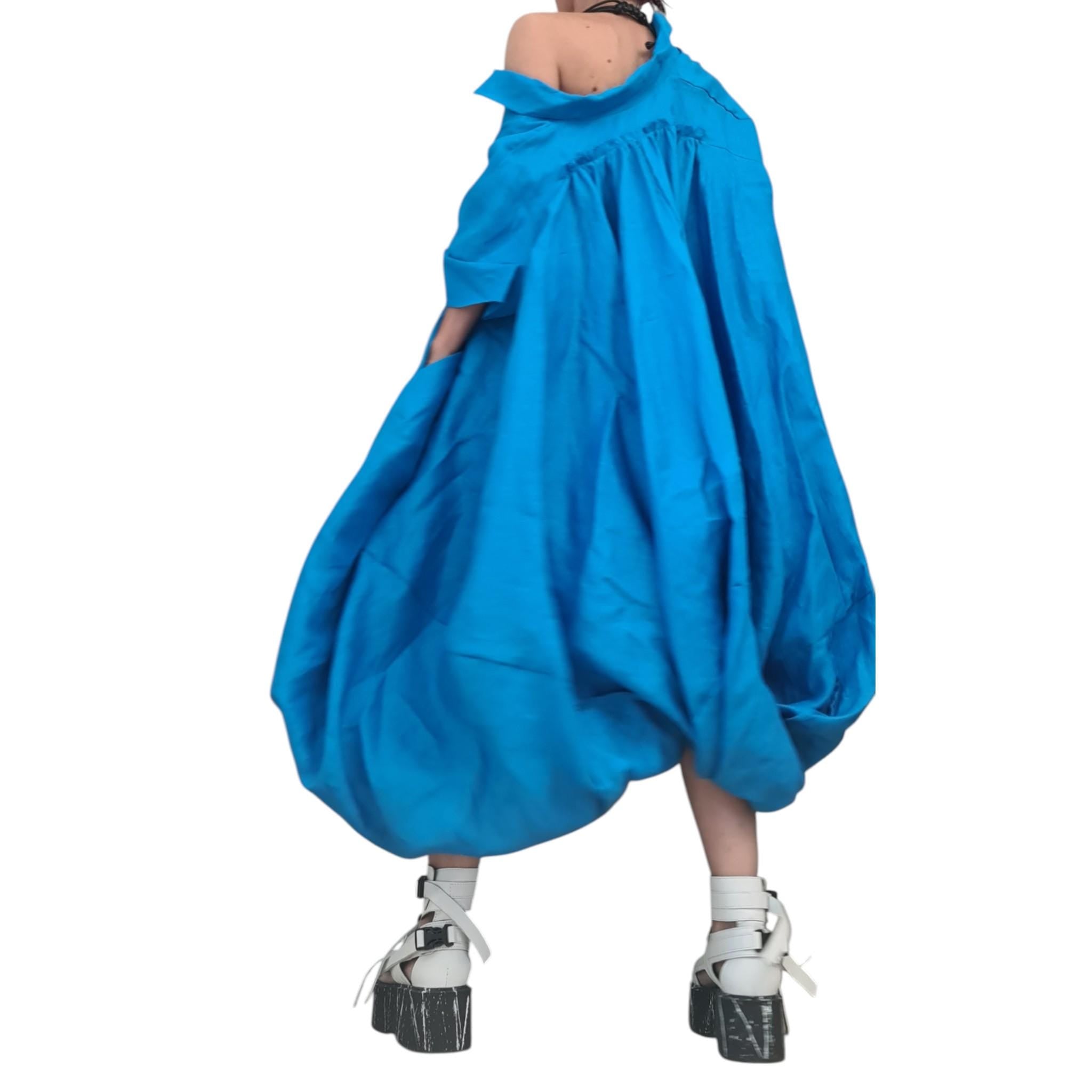 Avant Garde Linen Shirt – Turquoise Oversized Artwear Blouse with Balloon Shape and Asymmetrical Cut