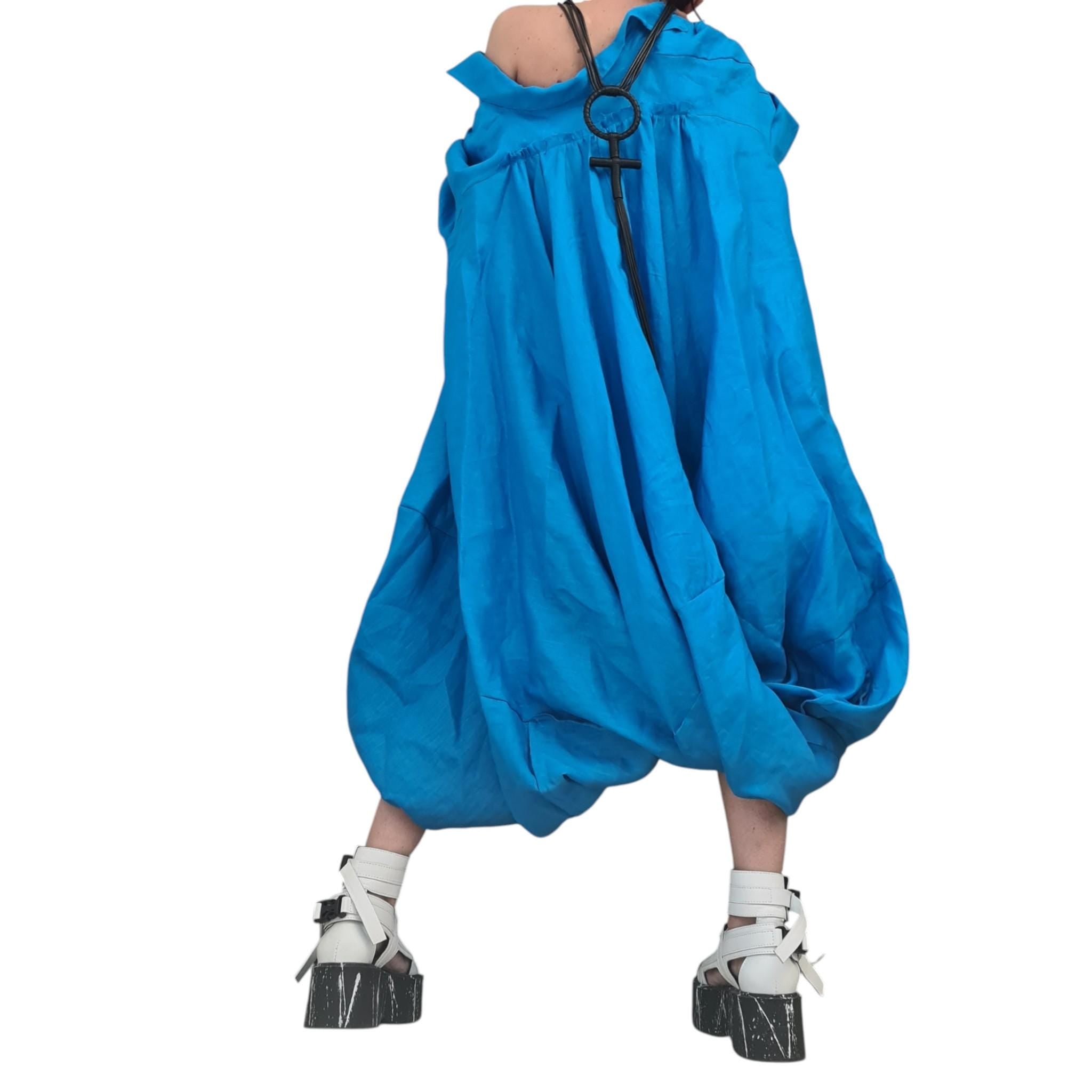 Avant Garde Linen Shirt – Turquoise Oversized Artwear Blouse with Balloon Shape and Asymmetrical Cut