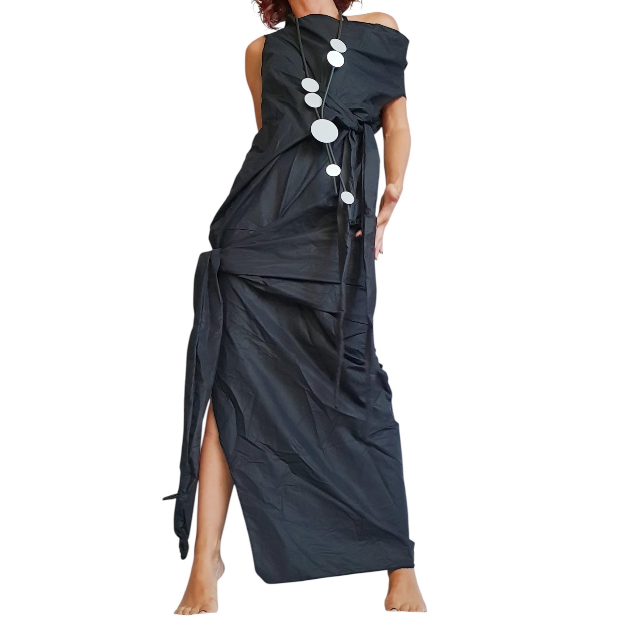Black Avant-Garde Maxi Dress – Asymmetric Sculptural Gown with Side Slit – Artistic Minimalist Fashion