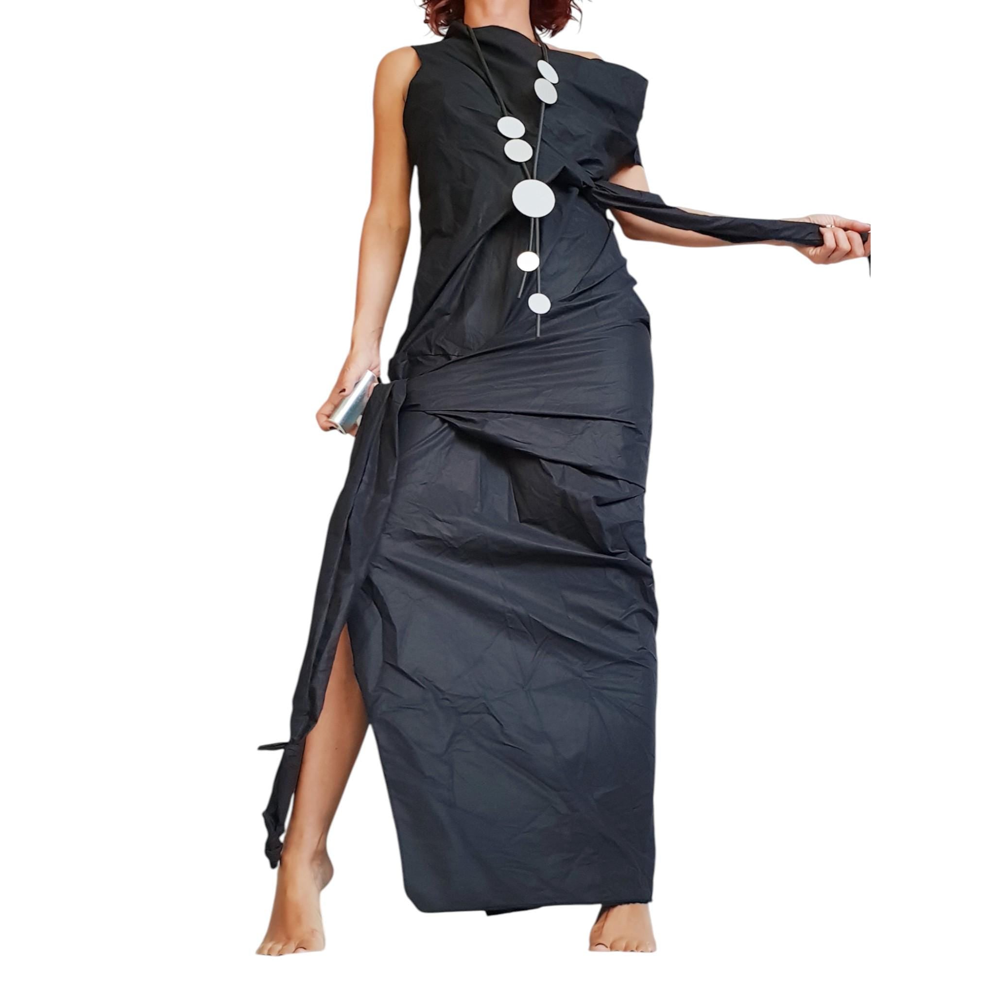 Black Avant-Garde Maxi Dress – Asymmetric Sculptural Gown with Side Slit – Artistic Minimalist Fashion