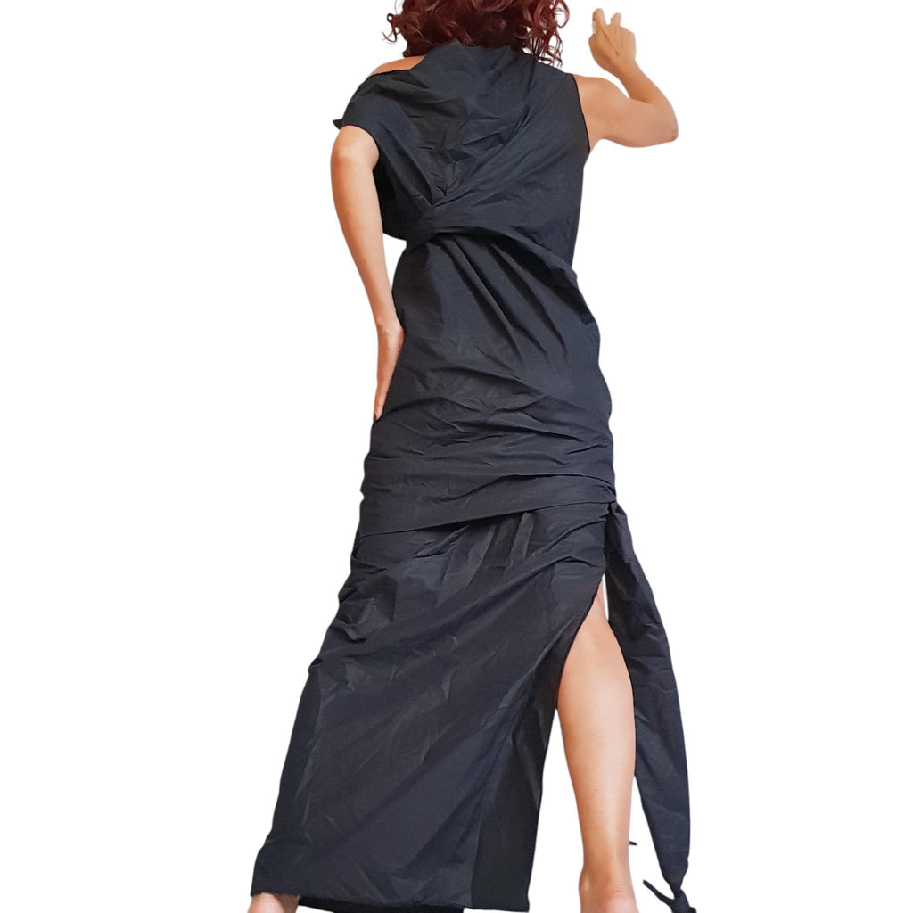 Black Avant-Garde Maxi Dress – Asymmetric Sculptural Gown with Side Slit – Artistic Minimalist Fashion