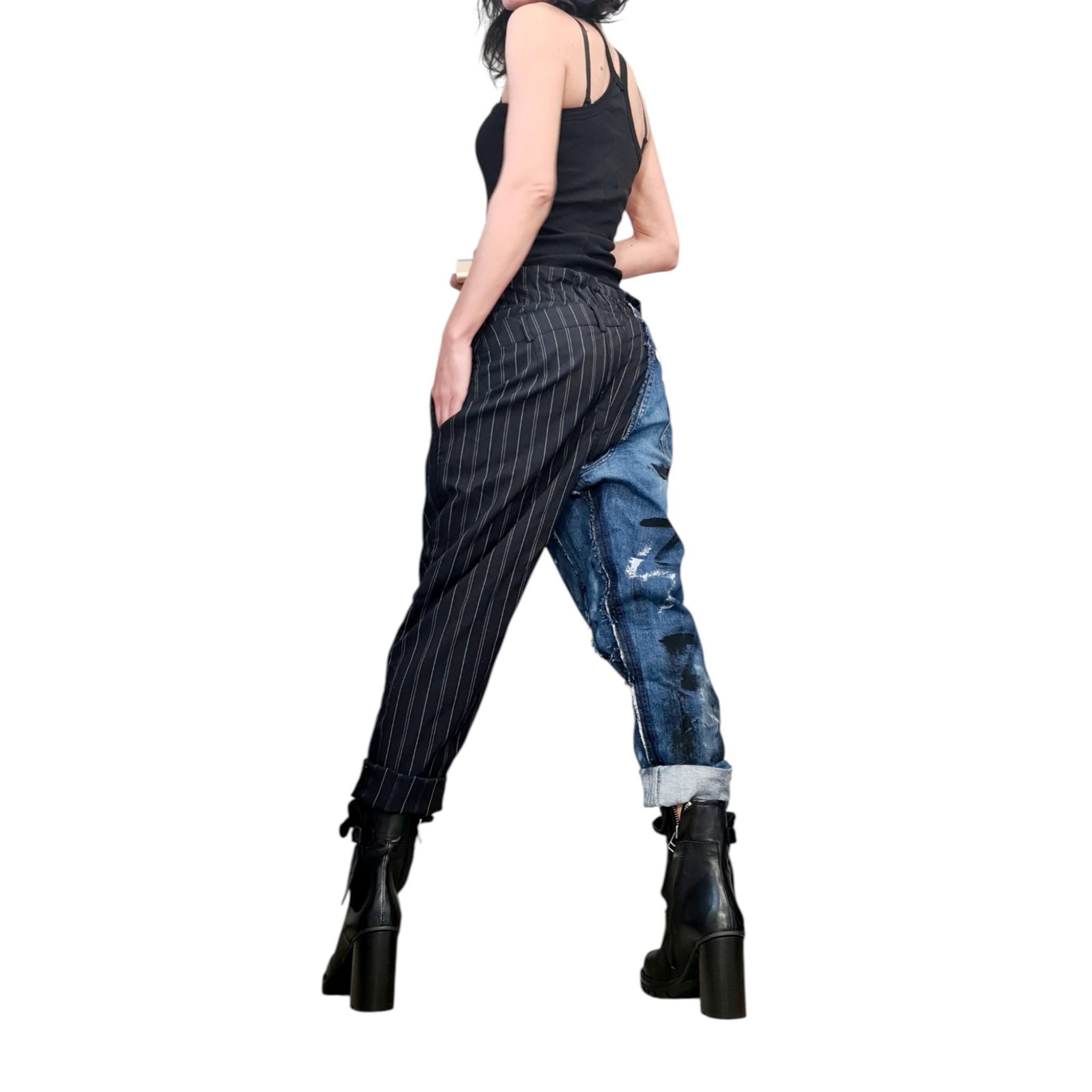 Extravagant Denim Pants, Asymmetric Denim Harem Pants, Painted Streetwear Pants, Deconstructed Denim, Women Denim Harem
