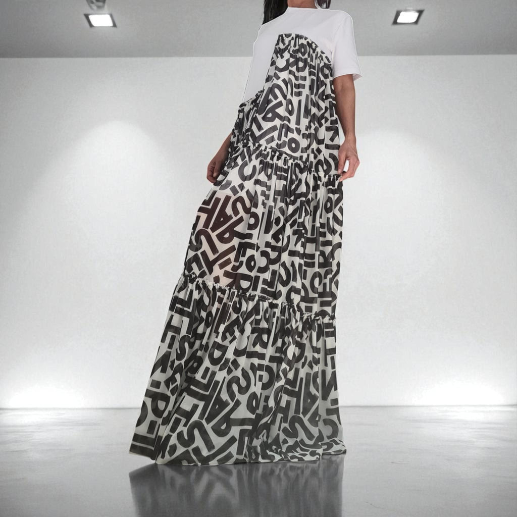 Black and White Graphic Maxi Dress, Oversized Summer Dress, Artistic Tiered Dress, Avant Garde T-shirt Dress, Handmade Statement Clothing