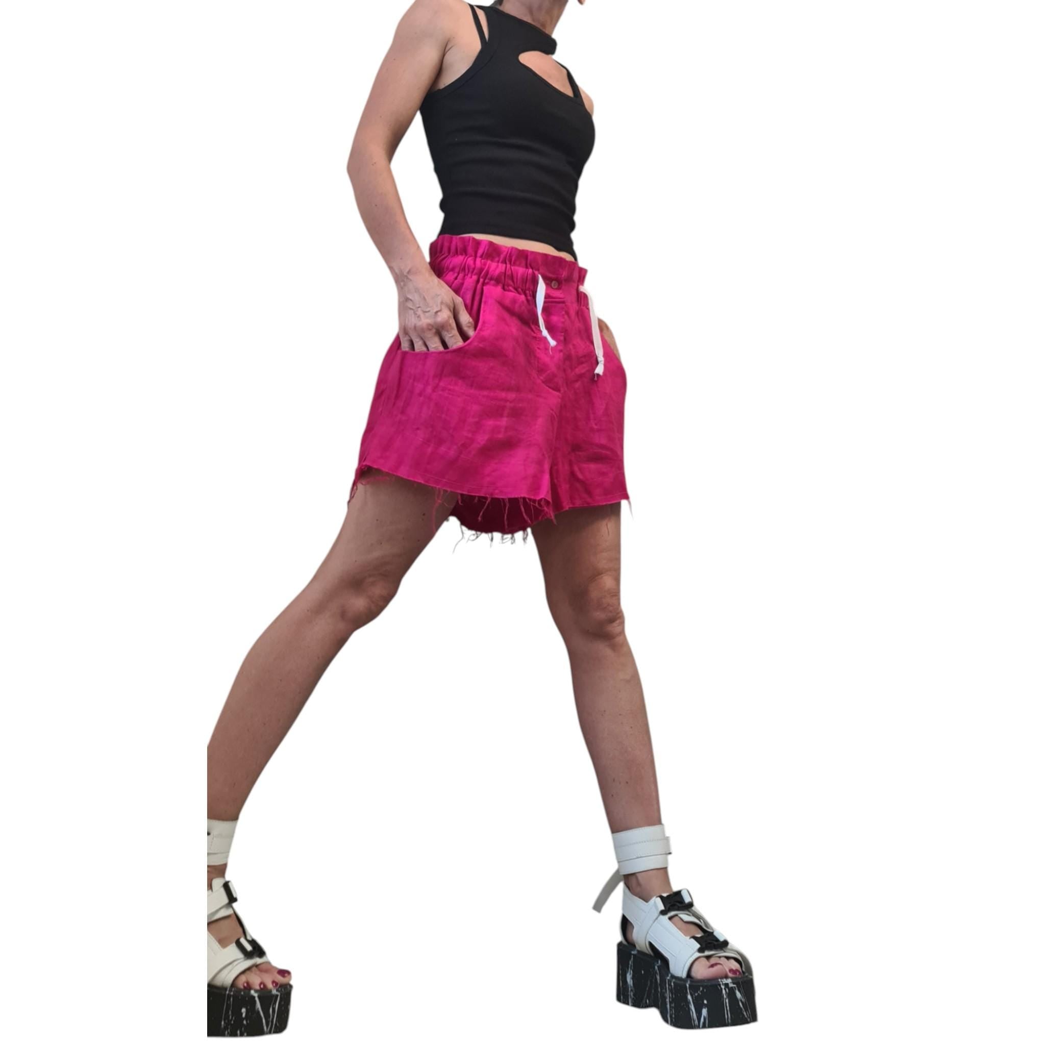 Hot Pink Linen Shorts, Avant Garde Loose Fit Pants, High Waist Summer Shorts, Gothic Festival Pants, Extravagant Women’s Clothing