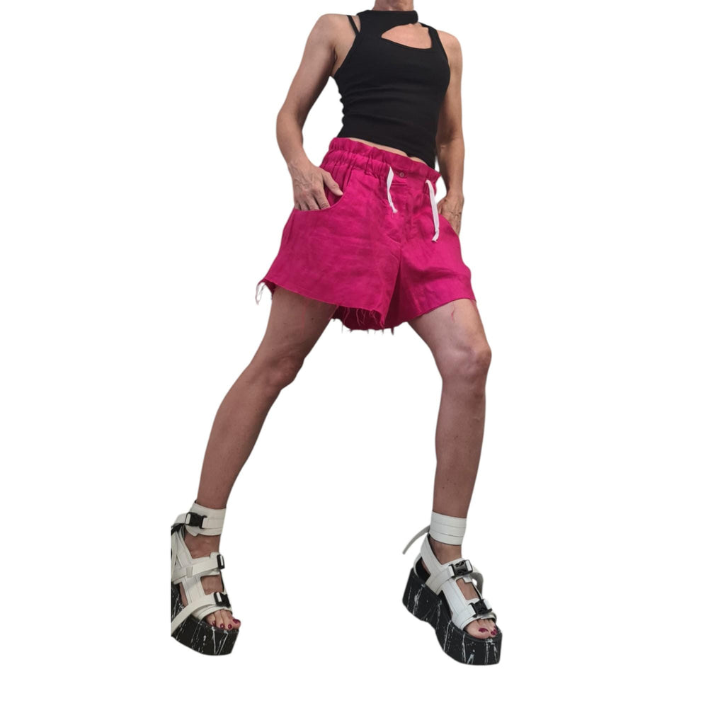 Hot Pink Linen Shorts, Avant Garde Loose Fit Pants, High Waist Summer Shorts, Gothic Festival Pants, Extravagant Women’s Clothing