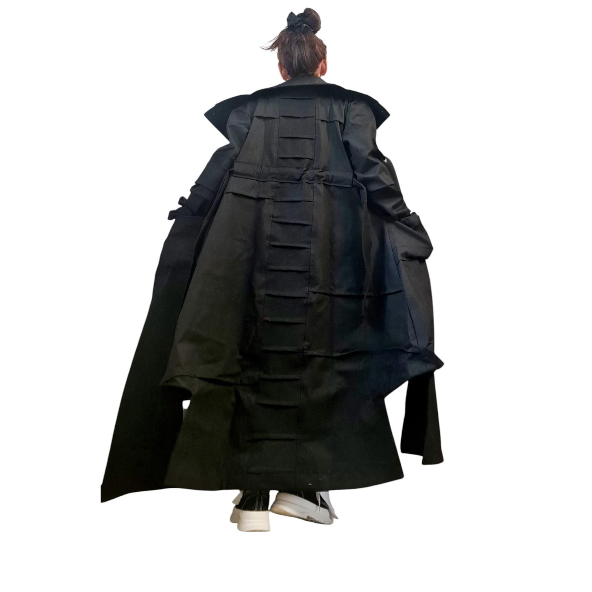 Black Denim Avant Garde Coat, Oversized Long Trench Jacket, Unique Statement Outerwear, Layered Artistic Coat for Women