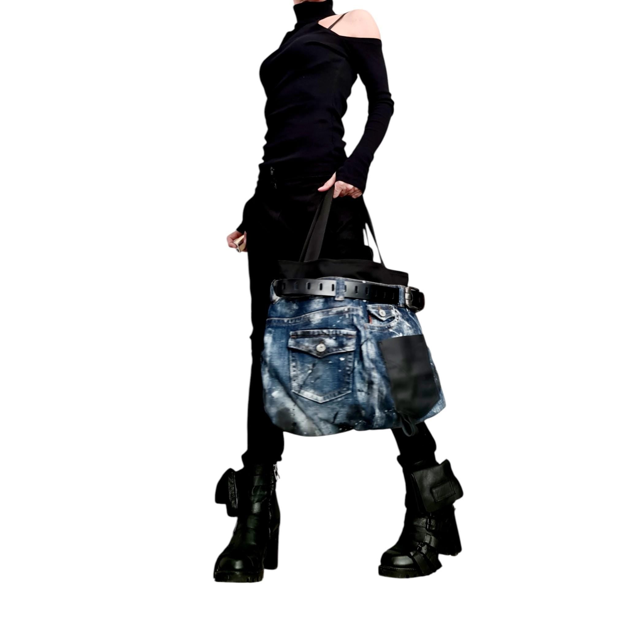 Avant-Garde Denim Bag, Blue Hand-Painted Shoulder Bag, Asymmetrical Large Tote, Handmade Unique Statement Bag, Designer Denim Bag