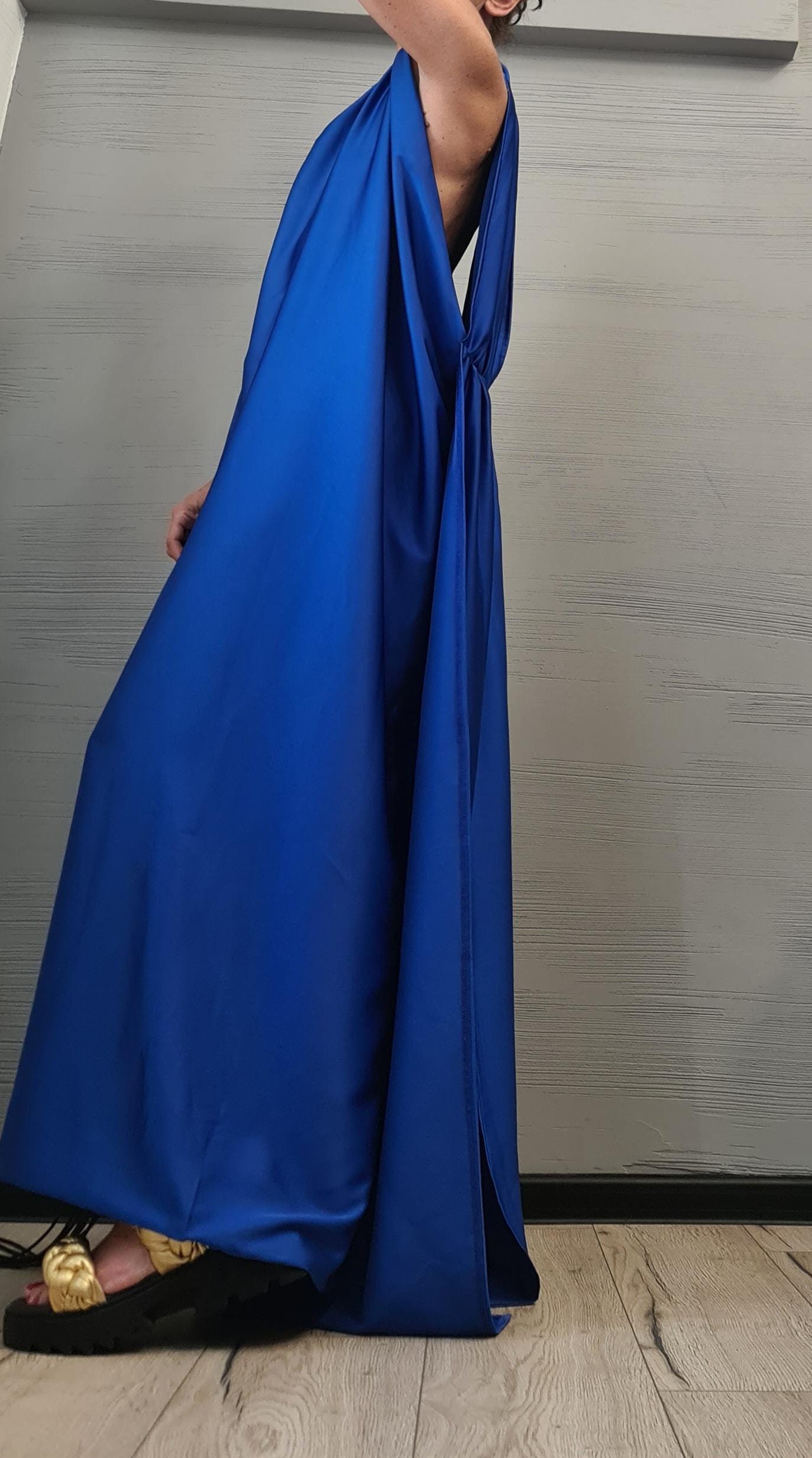 Royal Blue Draped Maxi Dress with Open Back – Avant-Garde Grecian Gown, Backless Statement Dress, Handmade Elegant Party Wear