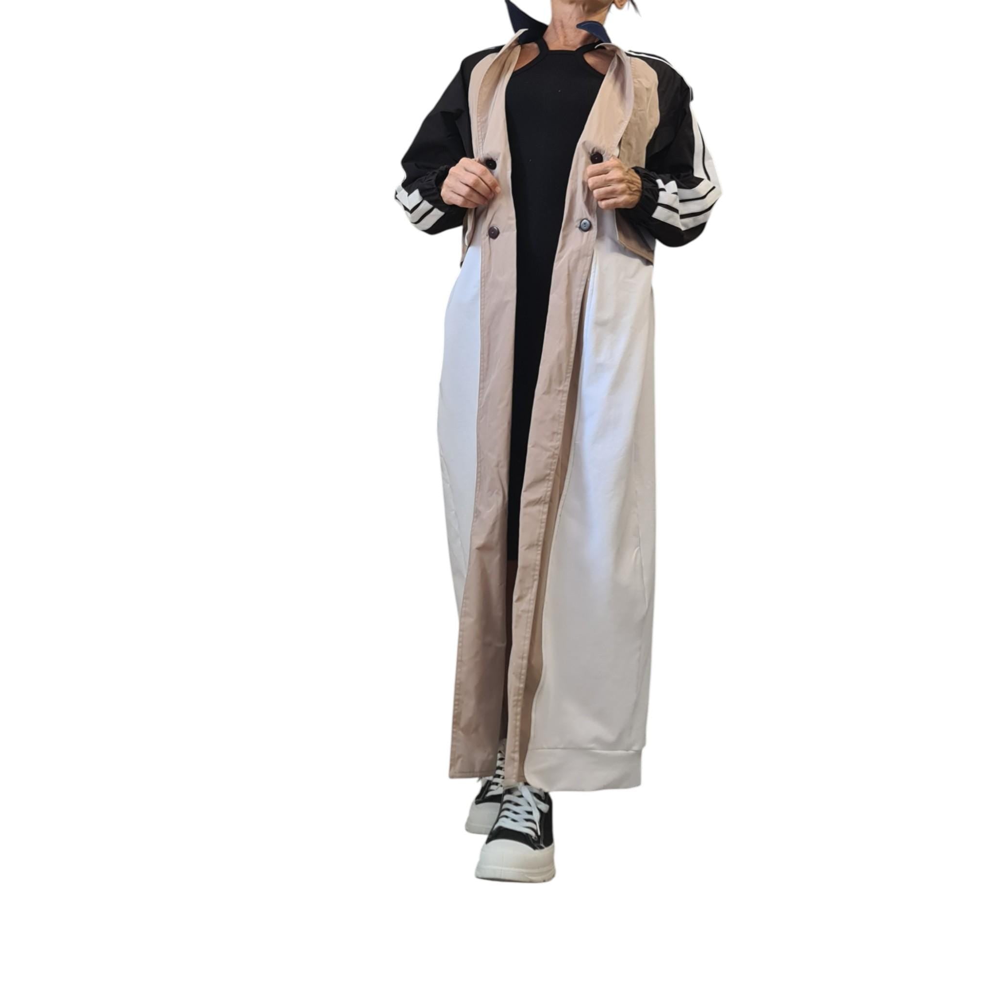 Avant-Garde Long Trench Coat, Patchwork Cotton Polyester Jacket, Oversized Asymmetric Outerwear