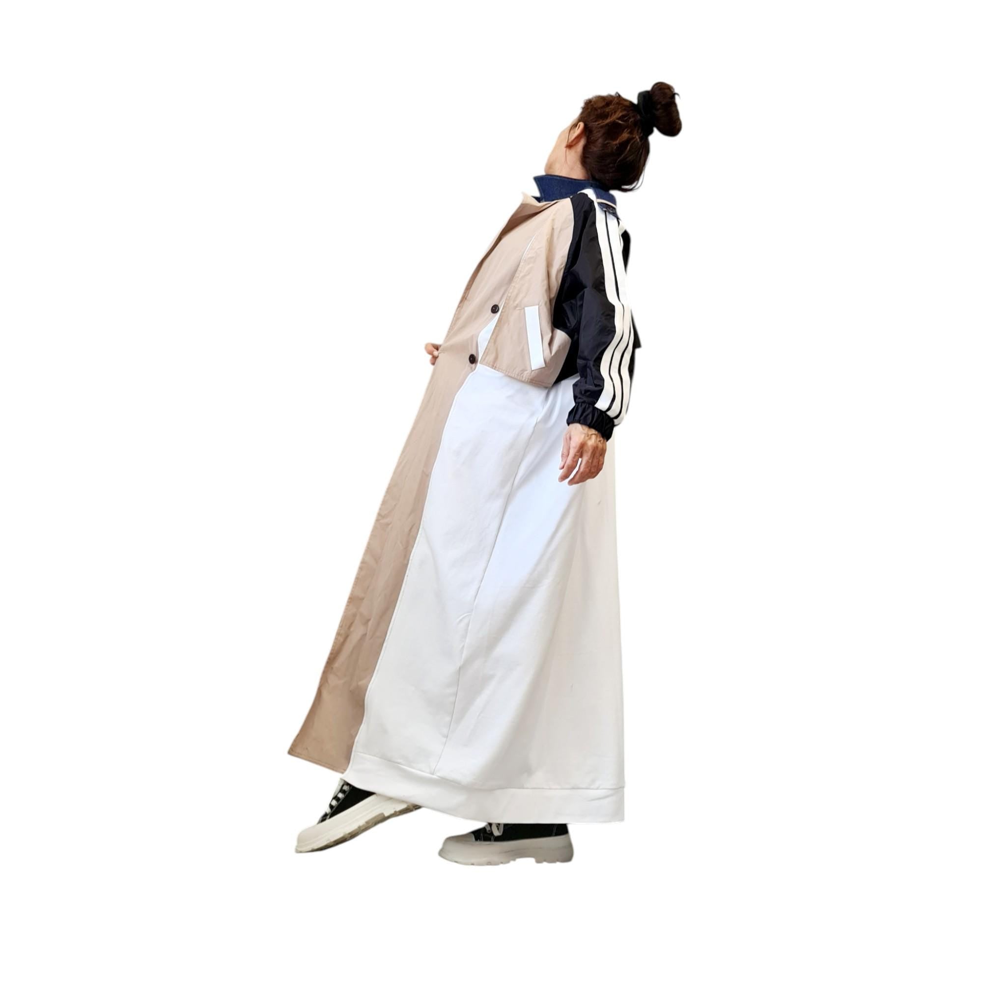 Avant-Garde Long Trench Coat, Patchwork Cotton Polyester Jacket, Oversized Asymmetric Outerwear