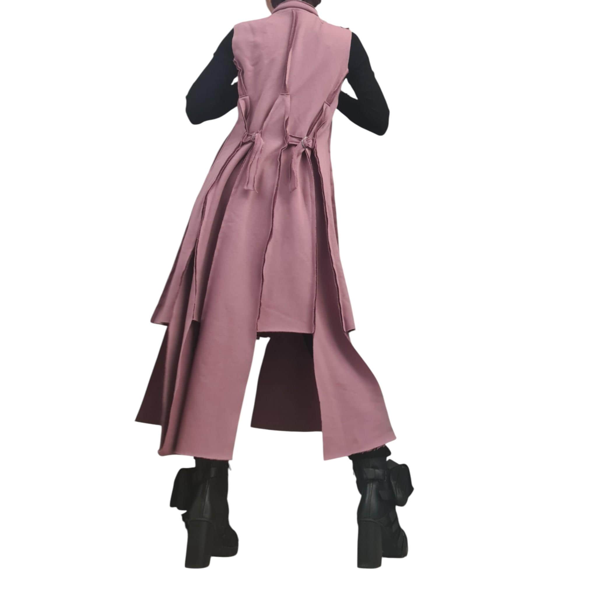 Avant-Garde Dusty Pink Long Vest – Asymmetrical Layered Coat with Metal Hooks | Handmade Statement Outerwear