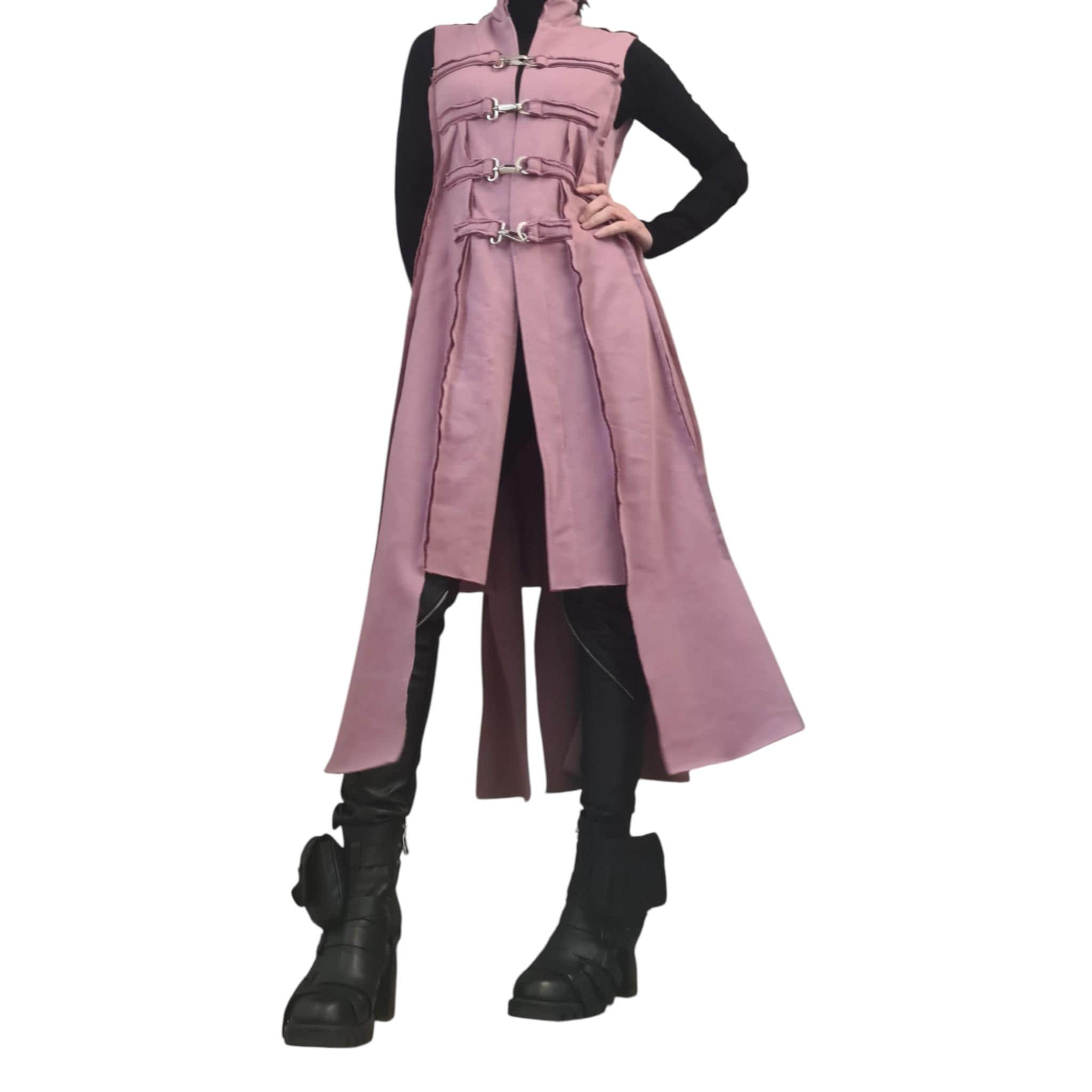 Avant-Garde Dusty Pink Long Vest – Asymmetrical Layered Coat with Metal Hooks | Handmade Statement Outerwear