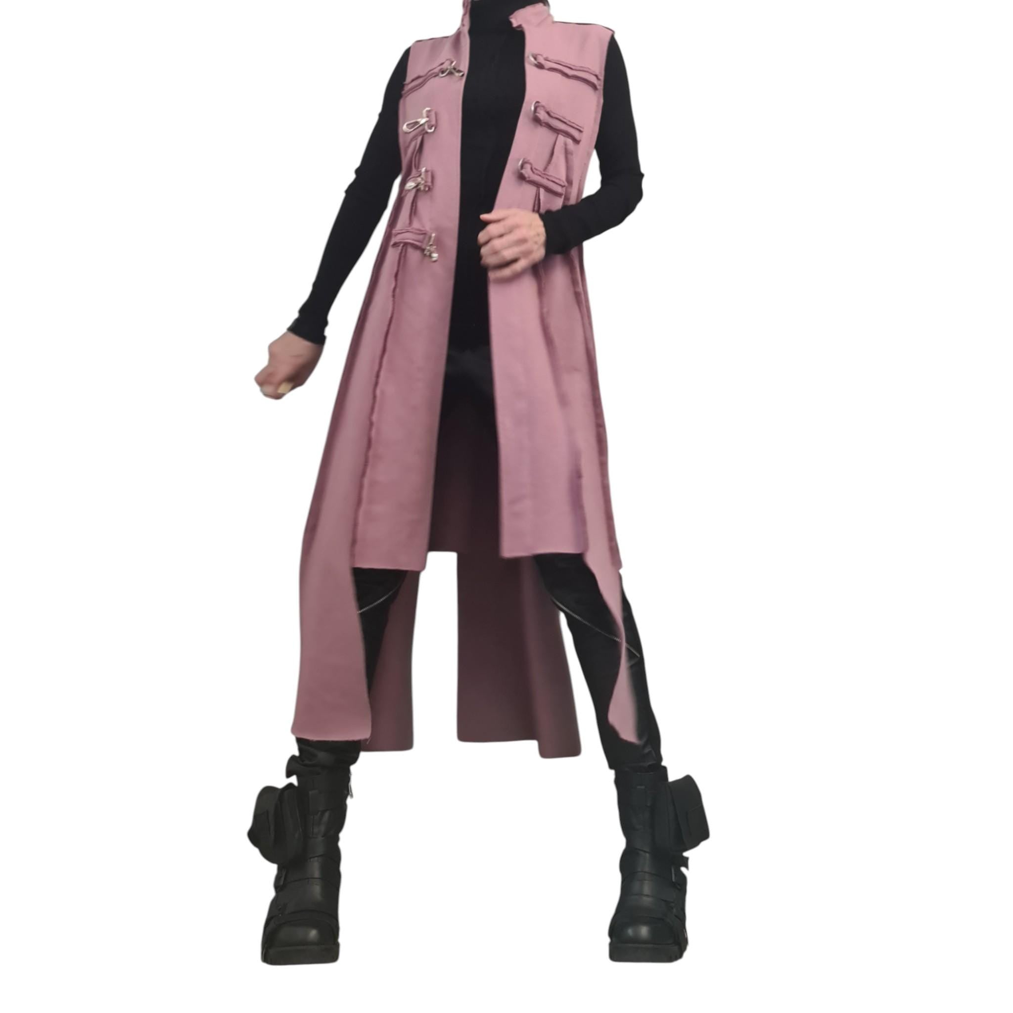 Avant-Garde Dusty Pink Long Vest – Asymmetrical Layered Coat with Metal Hooks | Handmade Statement Outerwear