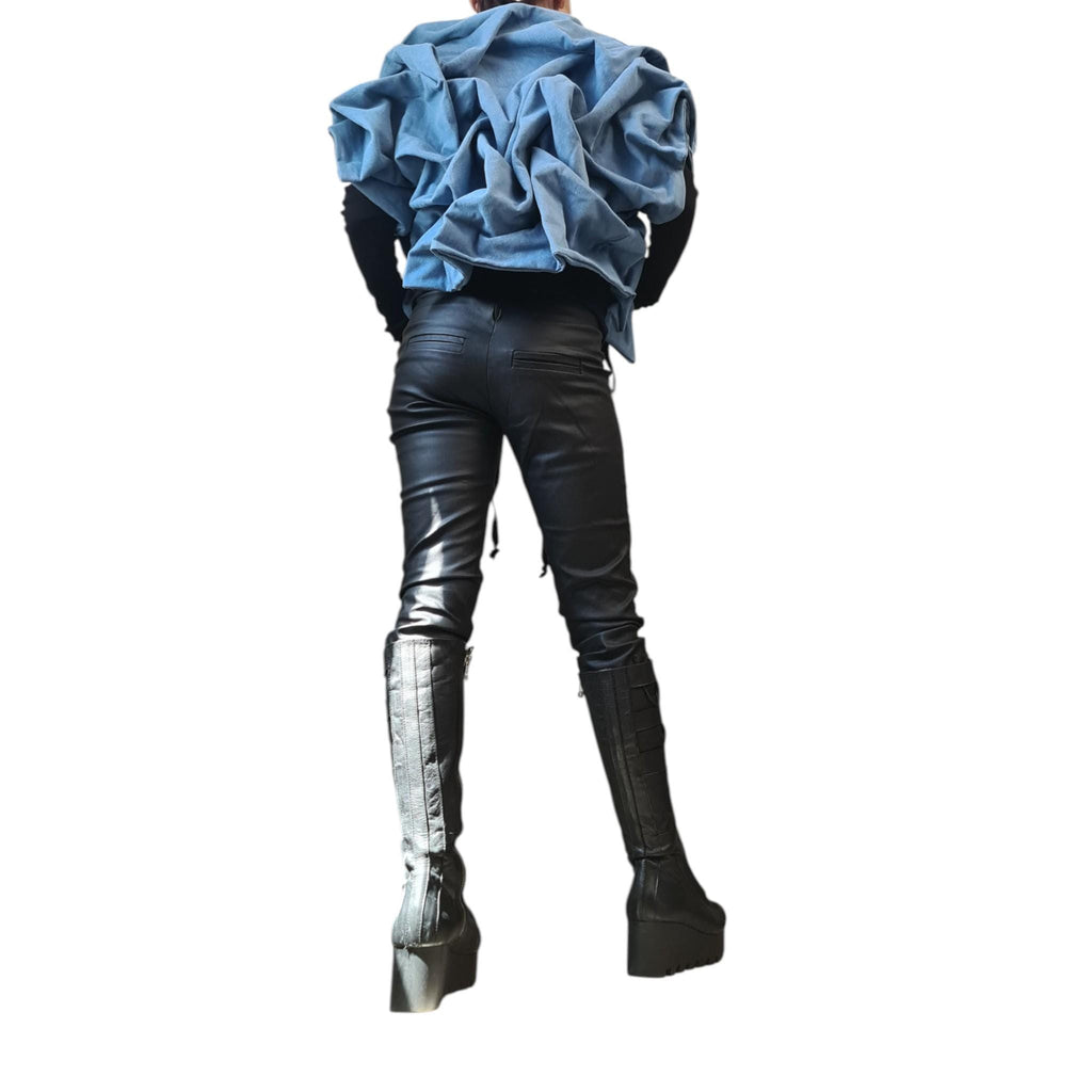 Denim Extravagant Jacket, Avant-Garde Denim Jacket, Light Blue Asymmetric Jacket with Ruffles, Handmade Statement Short Coat