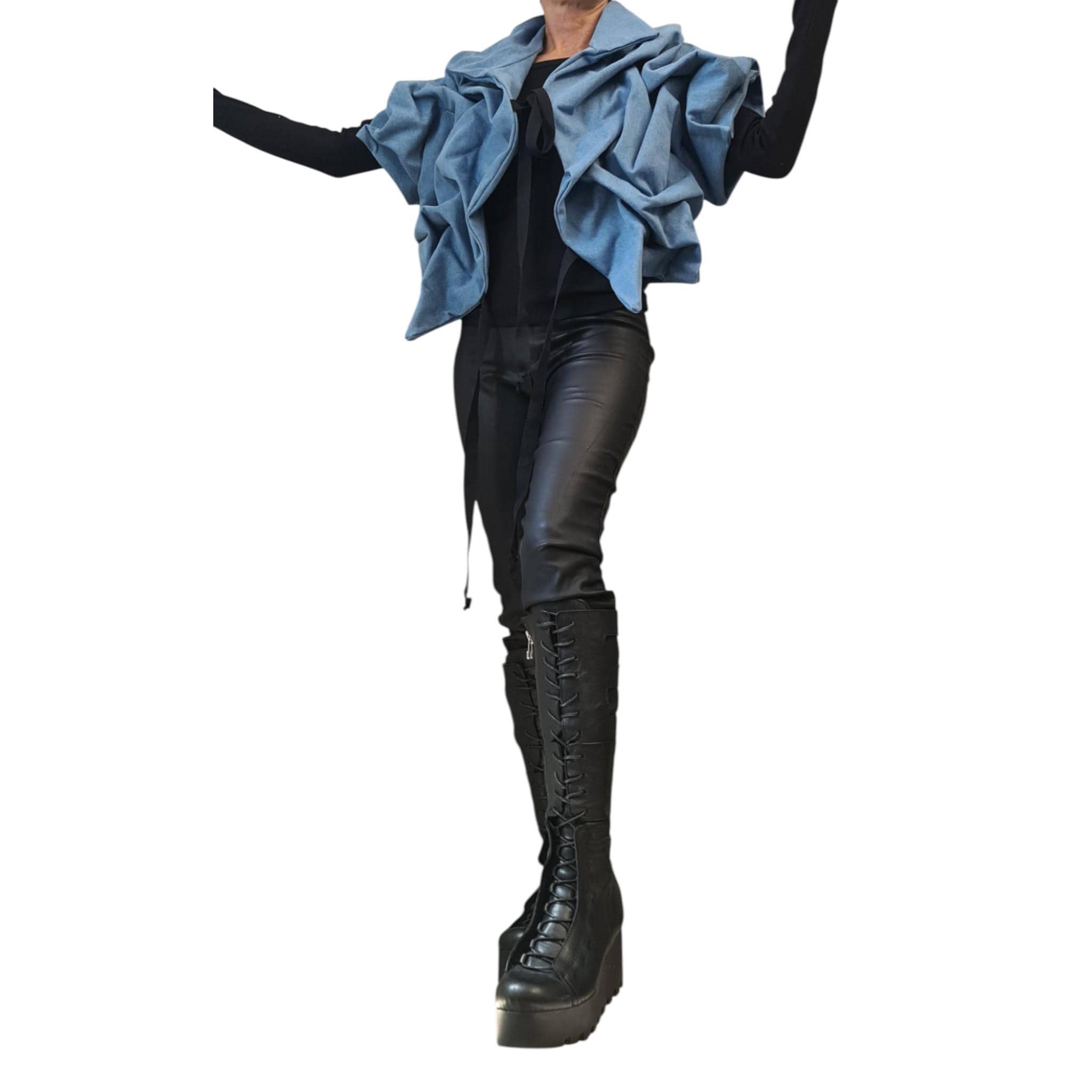 Denim Extravagant Jacket, Avant-Garde Denim Jacket, Light Blue Asymmetric Jacket with Ruffles, Handmade Statement Short Coat