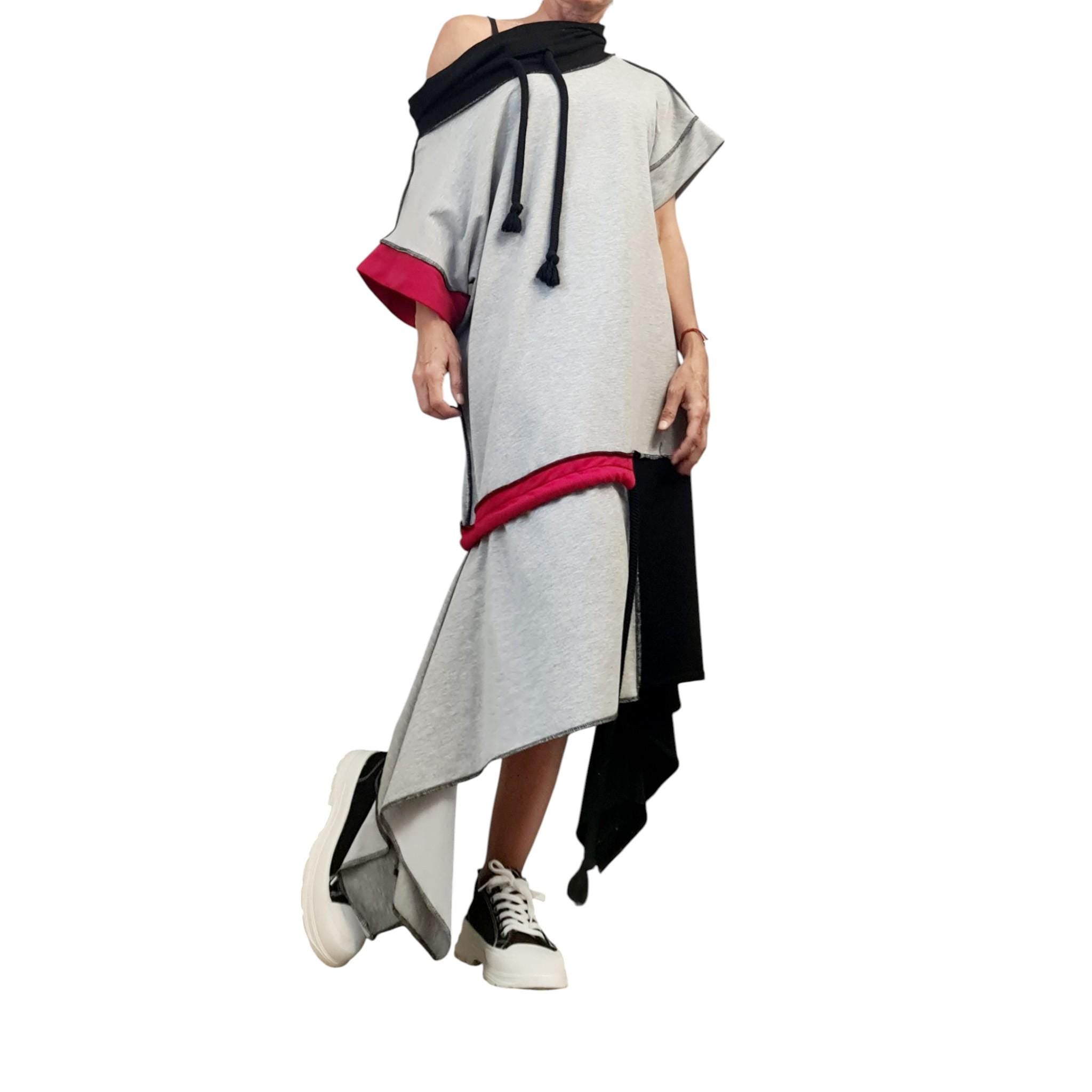 Asymmetric Cotton Patchwork Dress, Avant-Garde Kaftan, Oversized Off Shoulder Tunic, Urban Streetwear, Unique Loungewear