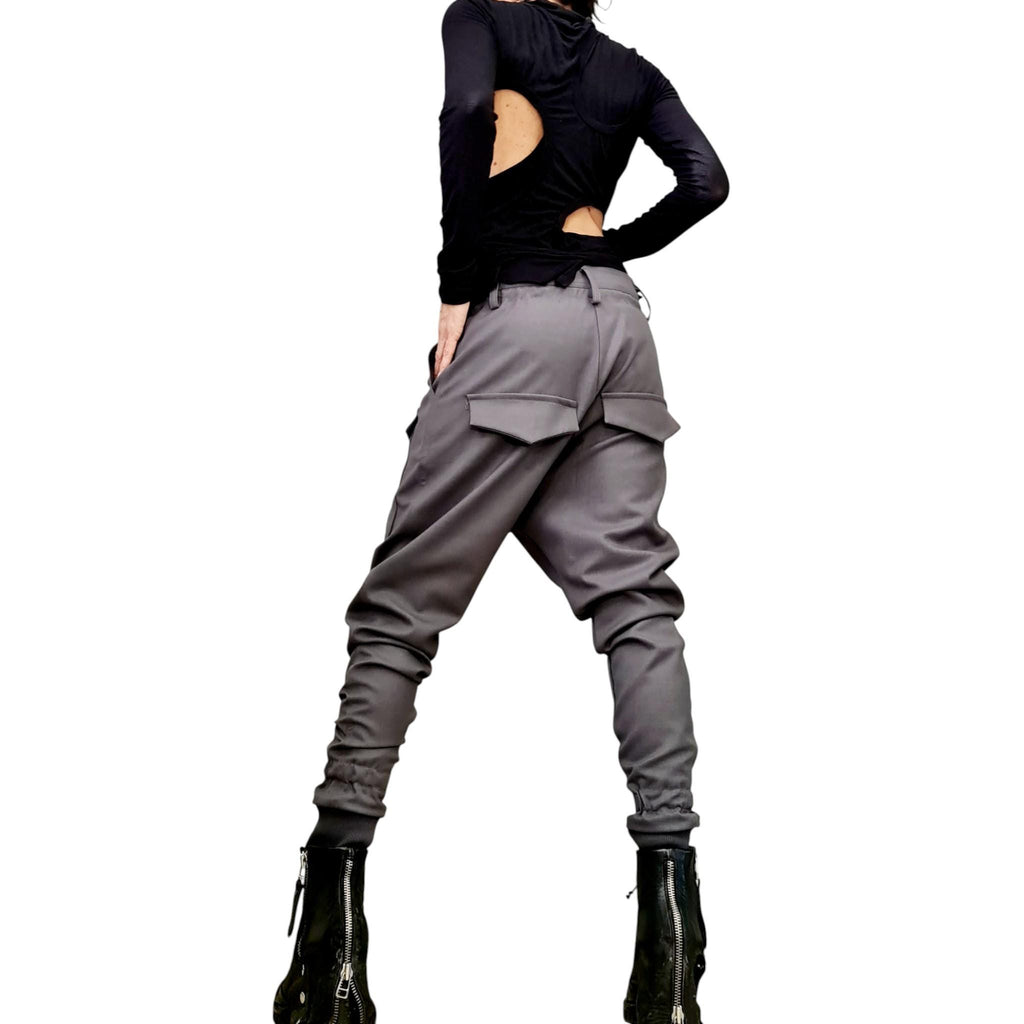 Avant-garde Drop Crotch Pants for Women – Asymmetrical Tapered Leg Pants with Pockets – Urban Punk Techwear Trousers Outer pockets