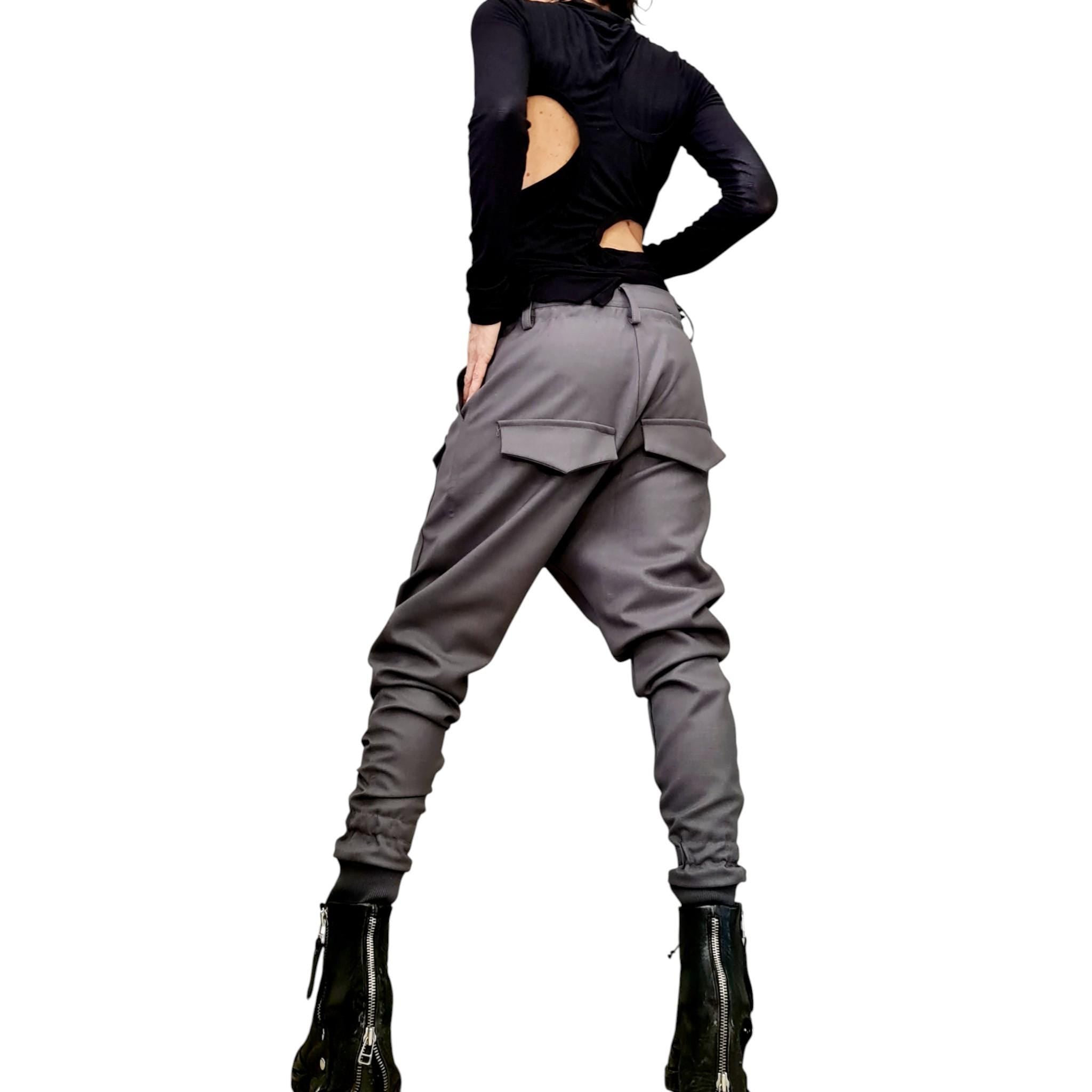Avant-garde Drop Crotch Pants for Women – Asymmetrical Tapered Leg Pants with Pockets – Urban Punk Techwear Trousers Outer pockets