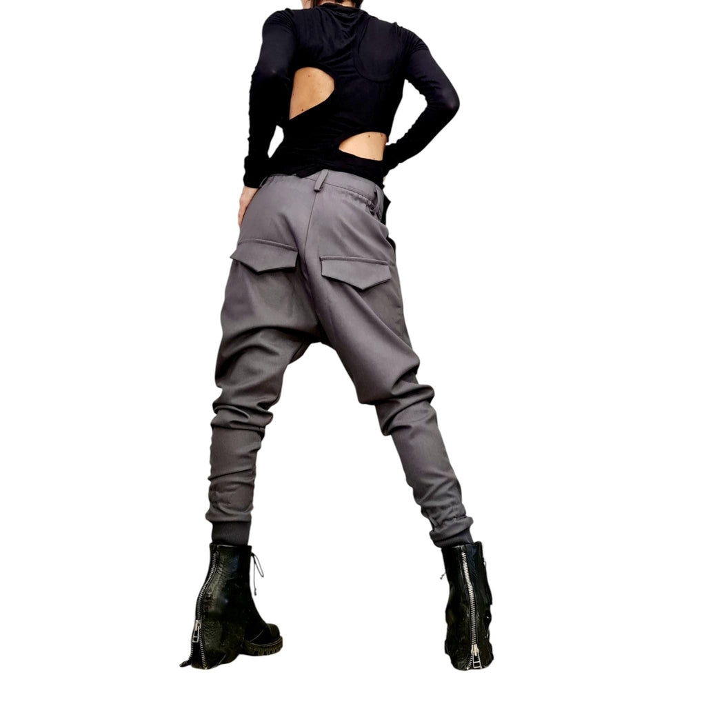 Avant-garde Drop Crotch Pants for Women – Asymmetrical Tapered Leg Pants with Pockets – Urban Punk Techwear Trousers Outer pockets