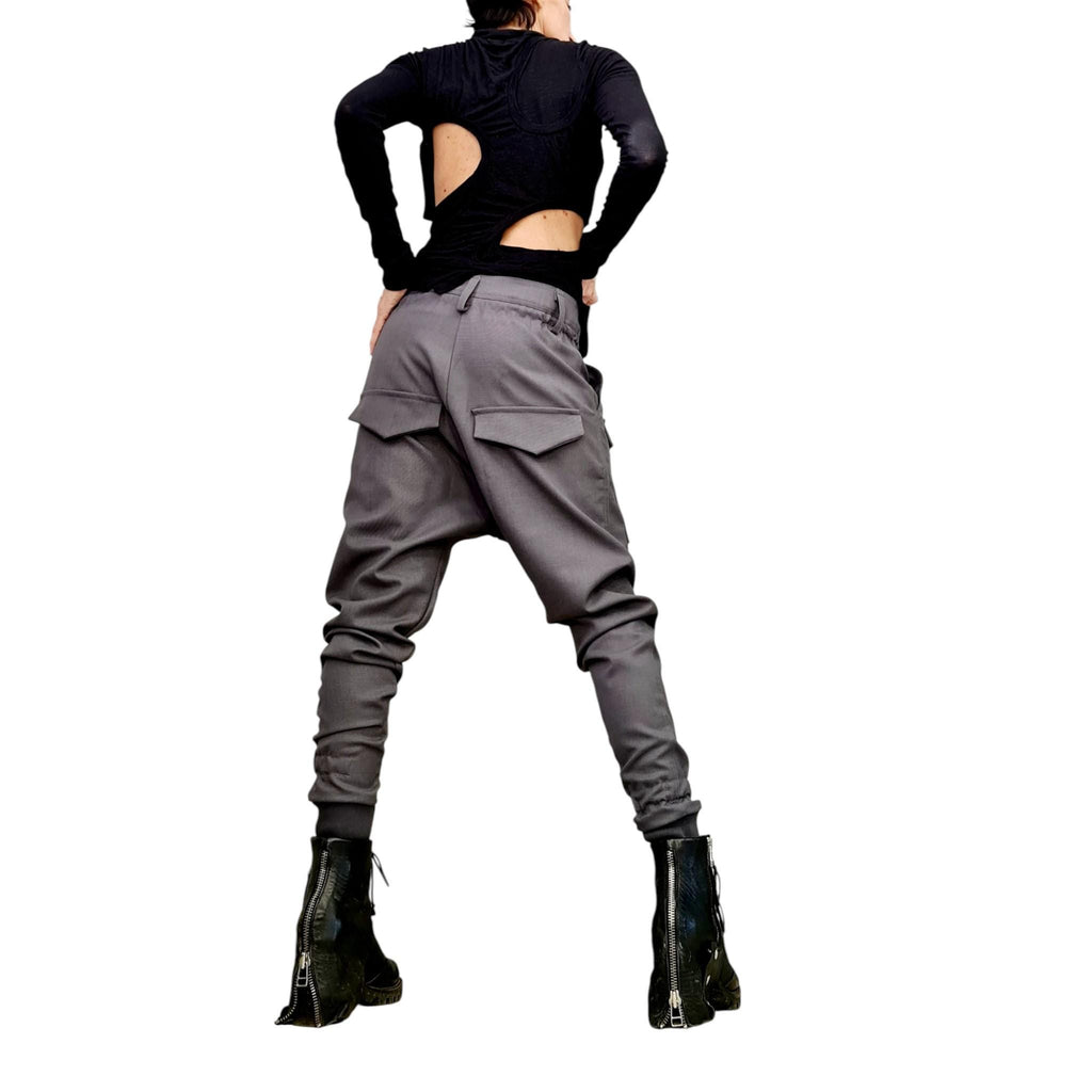 Avant-garde Drop Crotch Pants for Women – Asymmetrical Tapered Leg Pants with Pockets – Urban Punk Techwear Trousers Outer pockets