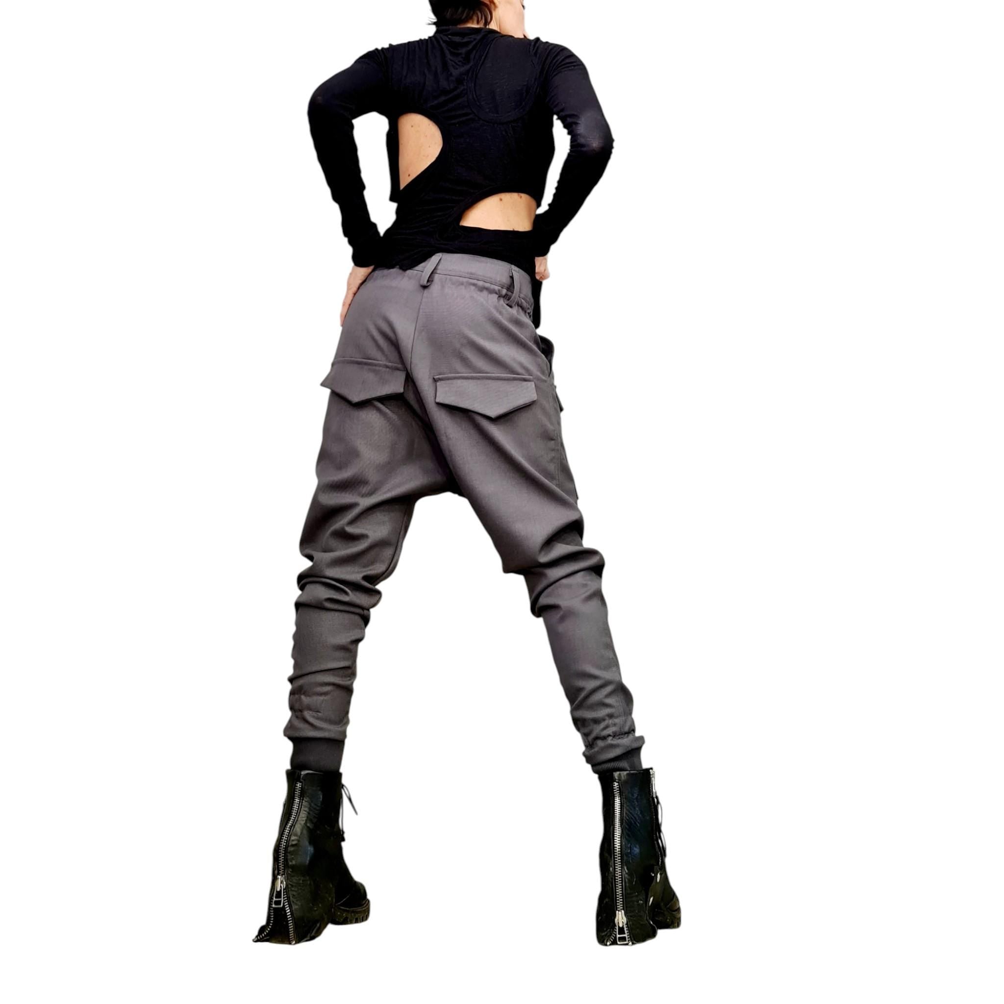 Avant-garde Drop Crotch Pants for Women – Asymmetrical Tapered Leg Pants with Pockets – Urban Punk Techwear Trousers Outer pockets