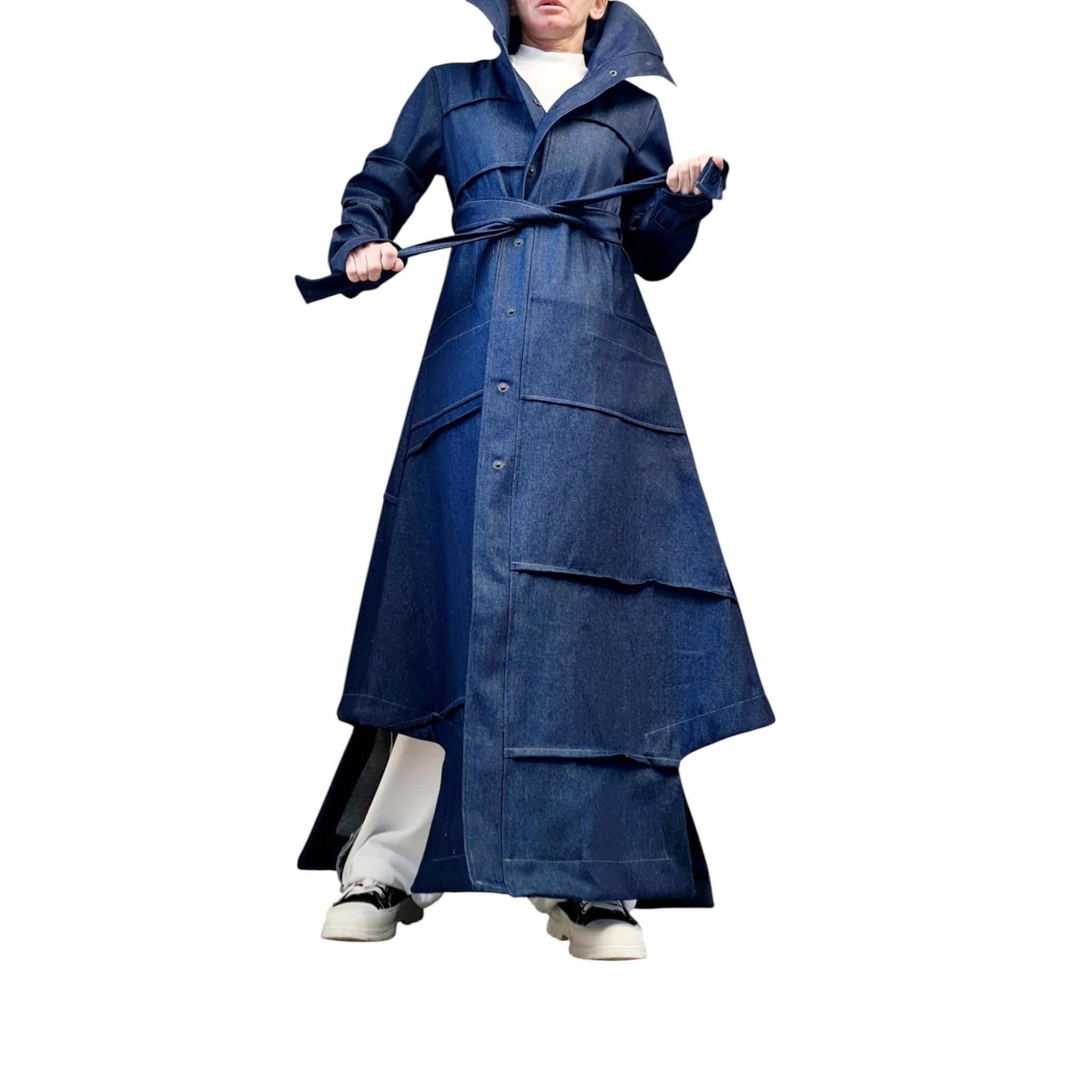Denim Layered Trench Coat – Oversized Avant-Garde Blazer – Handmade Jean Jacket with Belt
