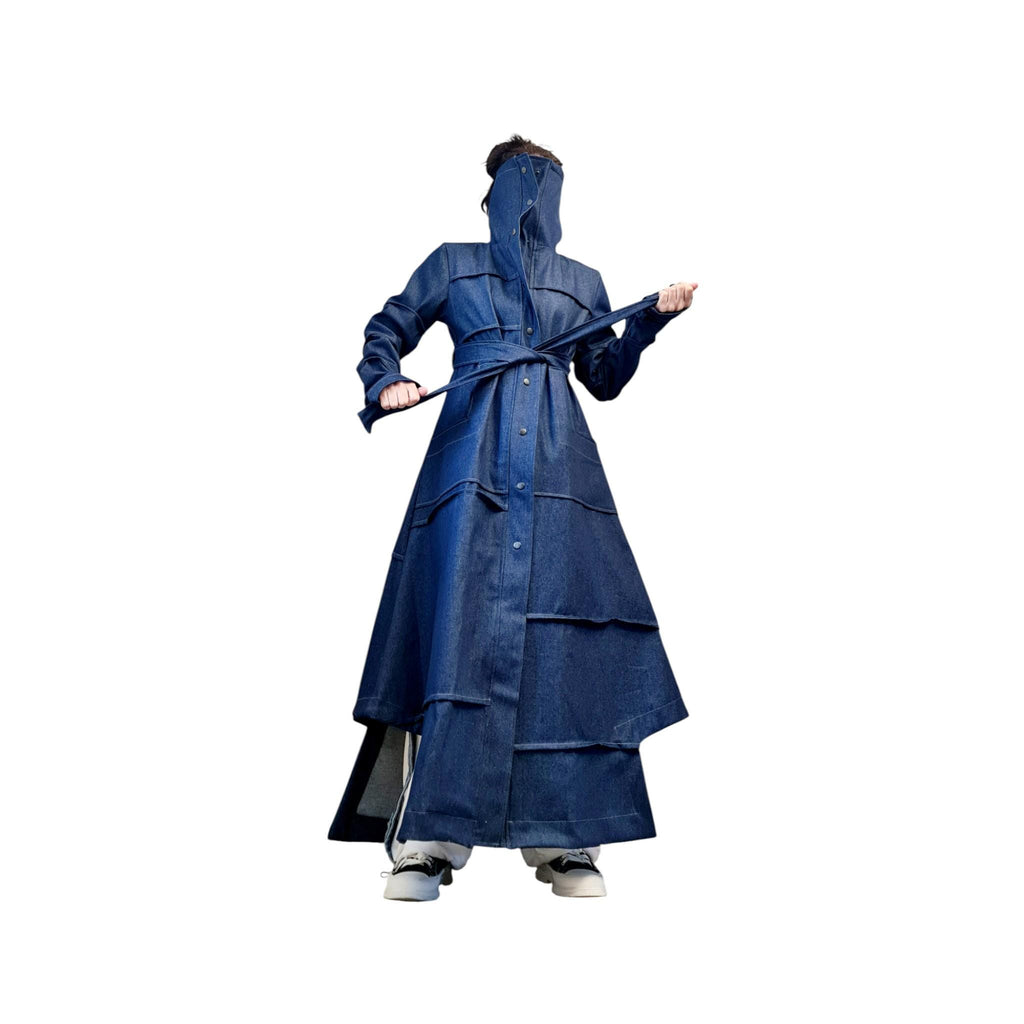 Denim Layered Trench Coat – Oversized Avant-Garde Blazer – Handmade Jean Jacket with Belt