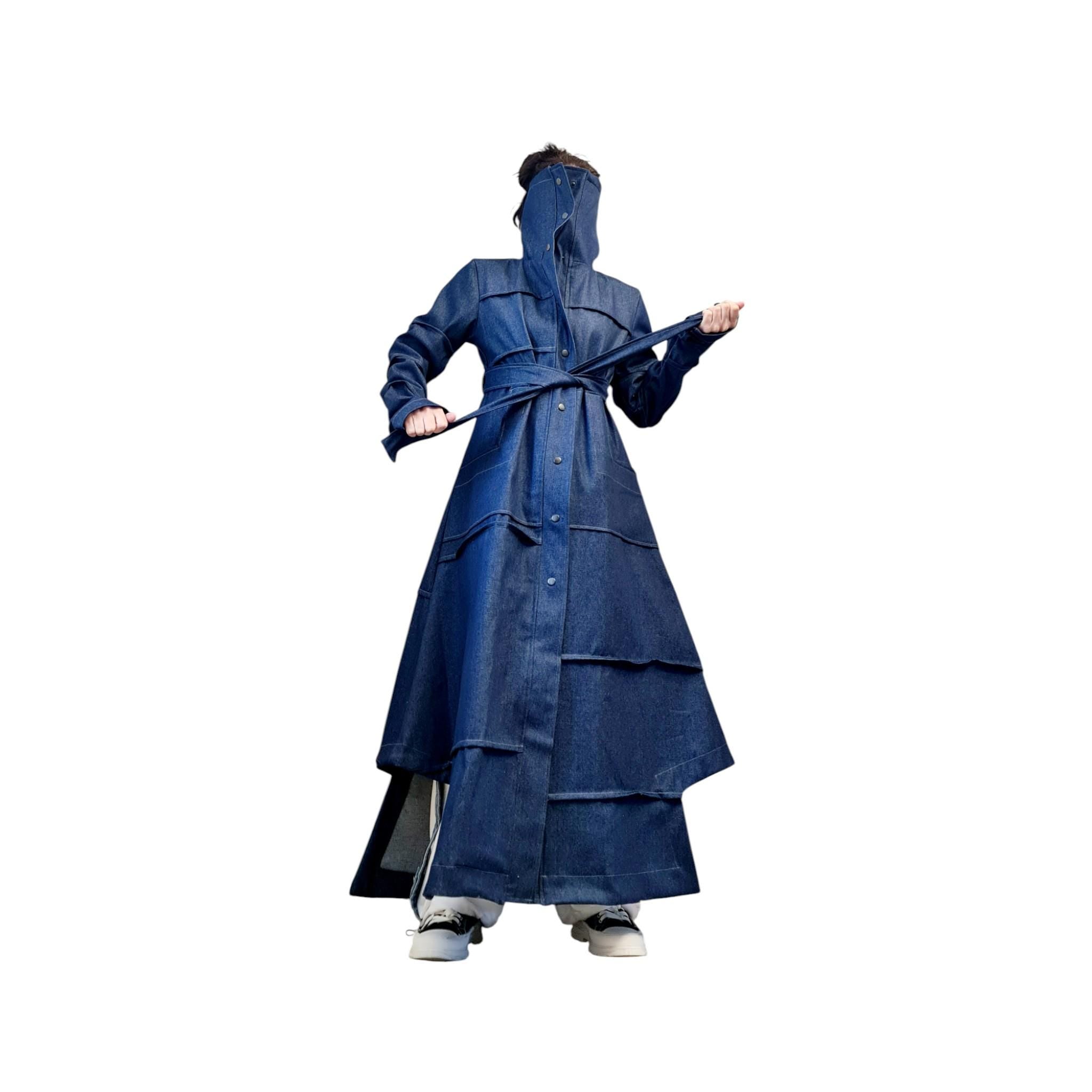 Denim Layered Trench Coat – Oversized Avant-Garde Blazer – Handmade Jean Jacket with Belt